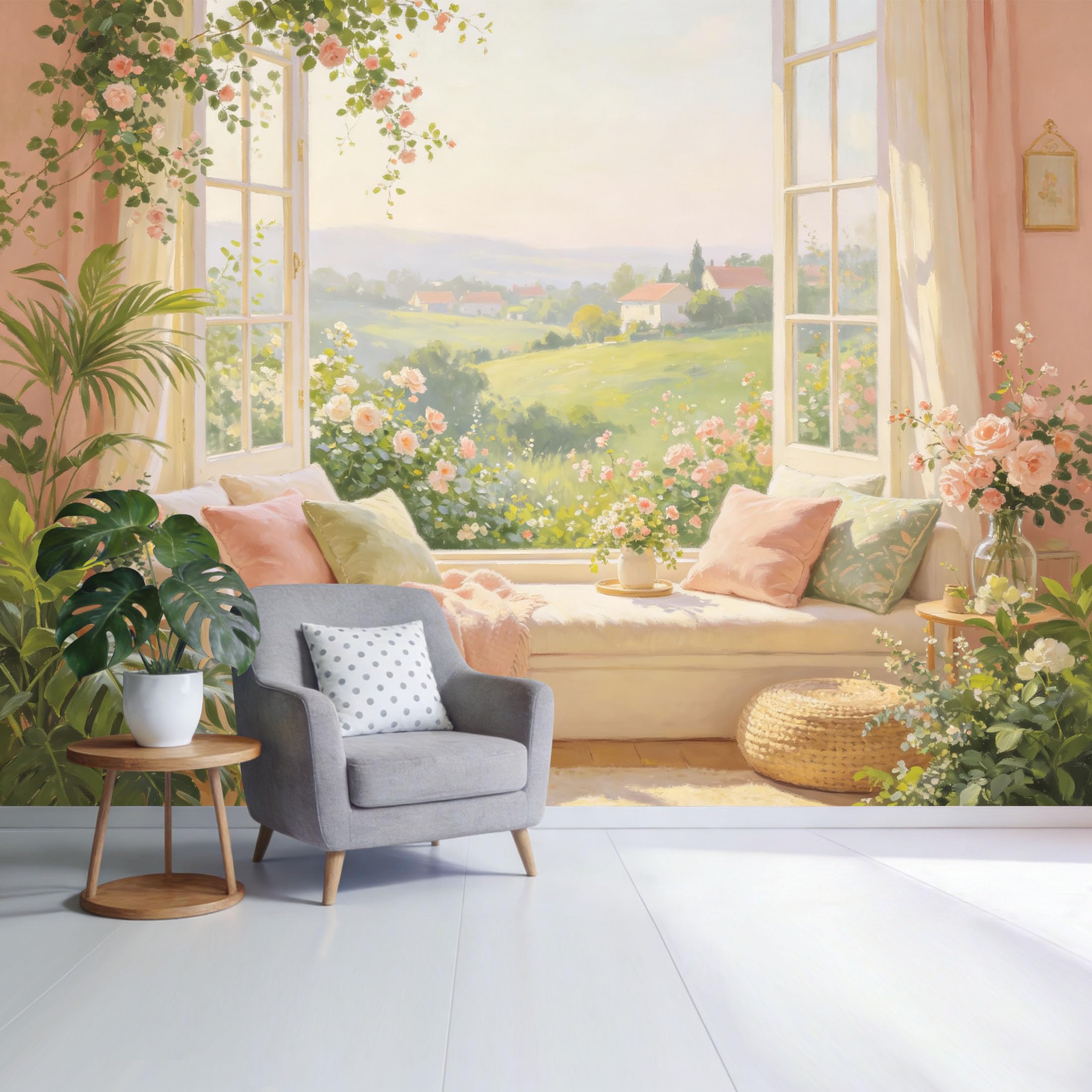 Custom Size Wall Mural Romantic Floral Garden View Through Window Pastel Farmhouse Landscape SelfAdhesive Wall Fabric Removable Wallpaper for Home Office Decor