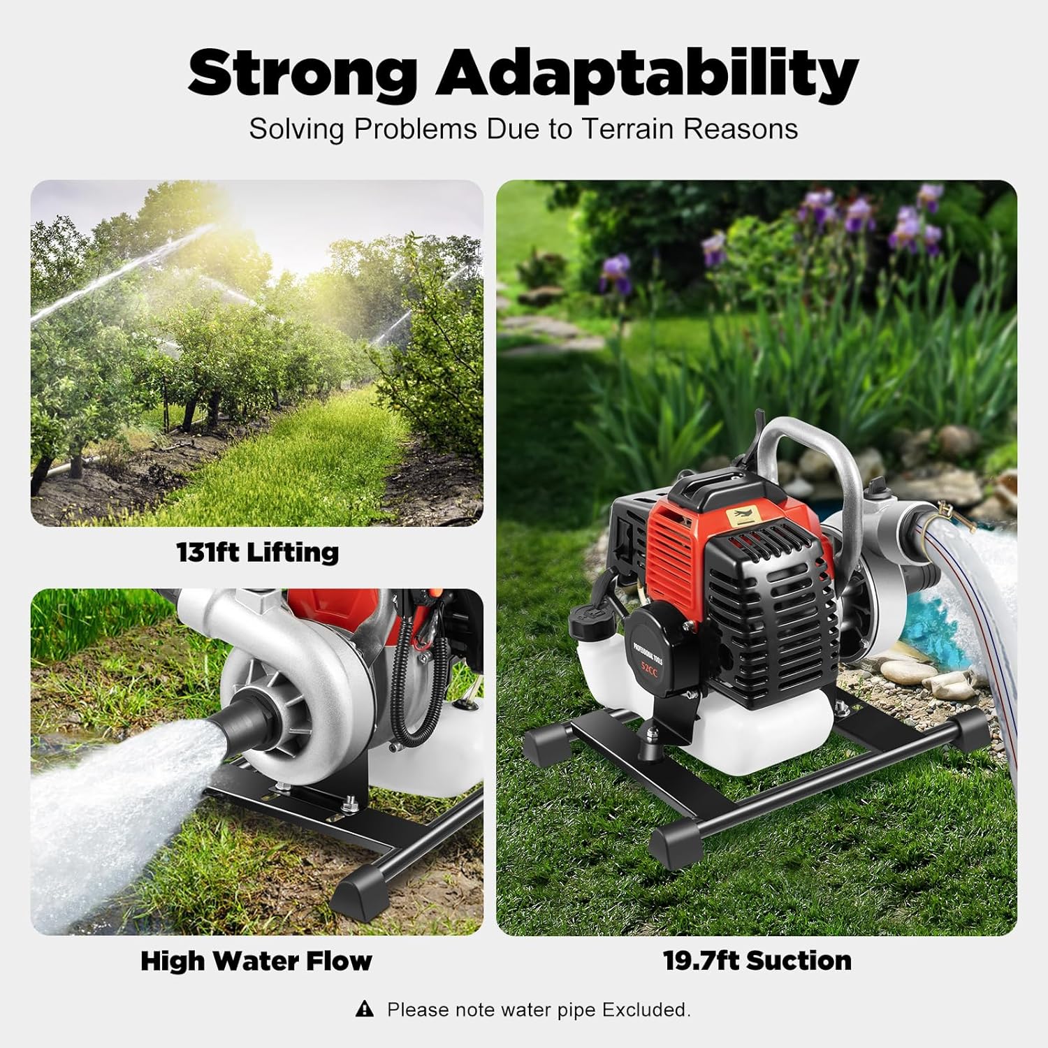Gas Water Pump 1.5 Inch 2 Stroke 52CC Gas Powered High Pressure Water Pump 131ft Lift And 19.7ft Suction 1.7kw 8500RPM Gasoline Powered Trash Pump for Irrigation Pool and Water Transfer