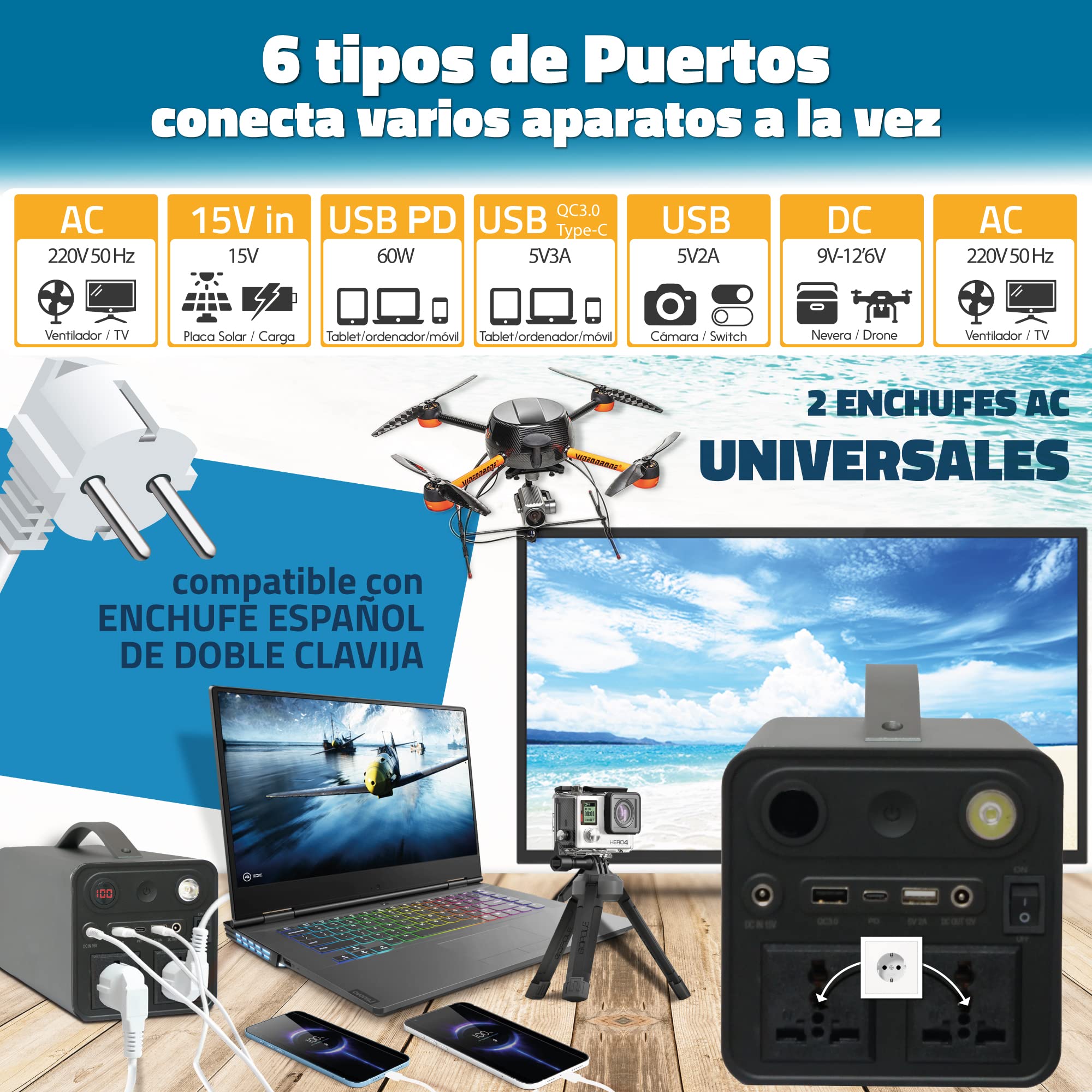 Generador Solar Portátil, AC/DC/USB, Batería de Litio, Larga duración, Cargador, Acumulador, Almacenamiento Suministro de Energía para Emergencia, Viaje, Estación de energía (298Wh)
