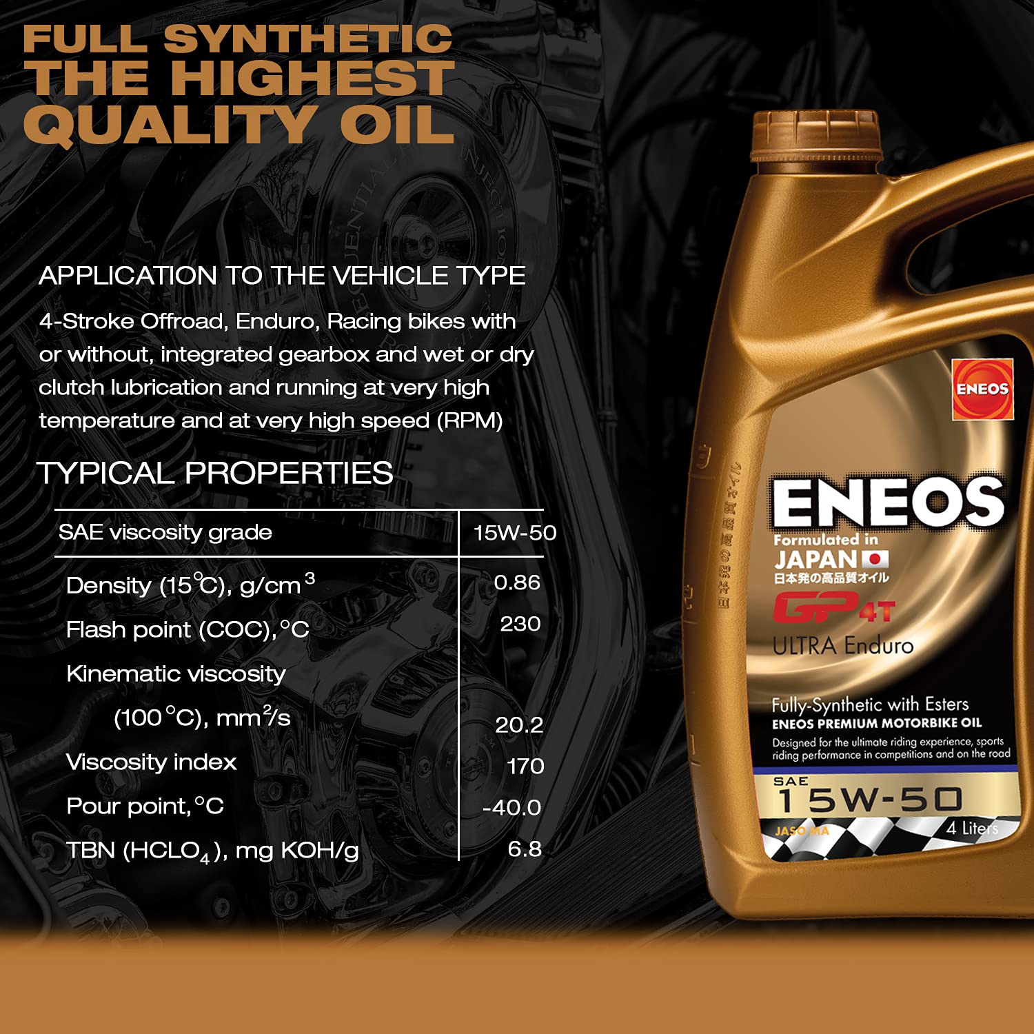 ENEOS 15W50 "GP4T Ultra Enduro" 4L - Aceite de motor de 4 tiempos - Aceite de motor totalmente sintético para motos japonesas - Protección integral del motor - Reducción del consumo de combustible