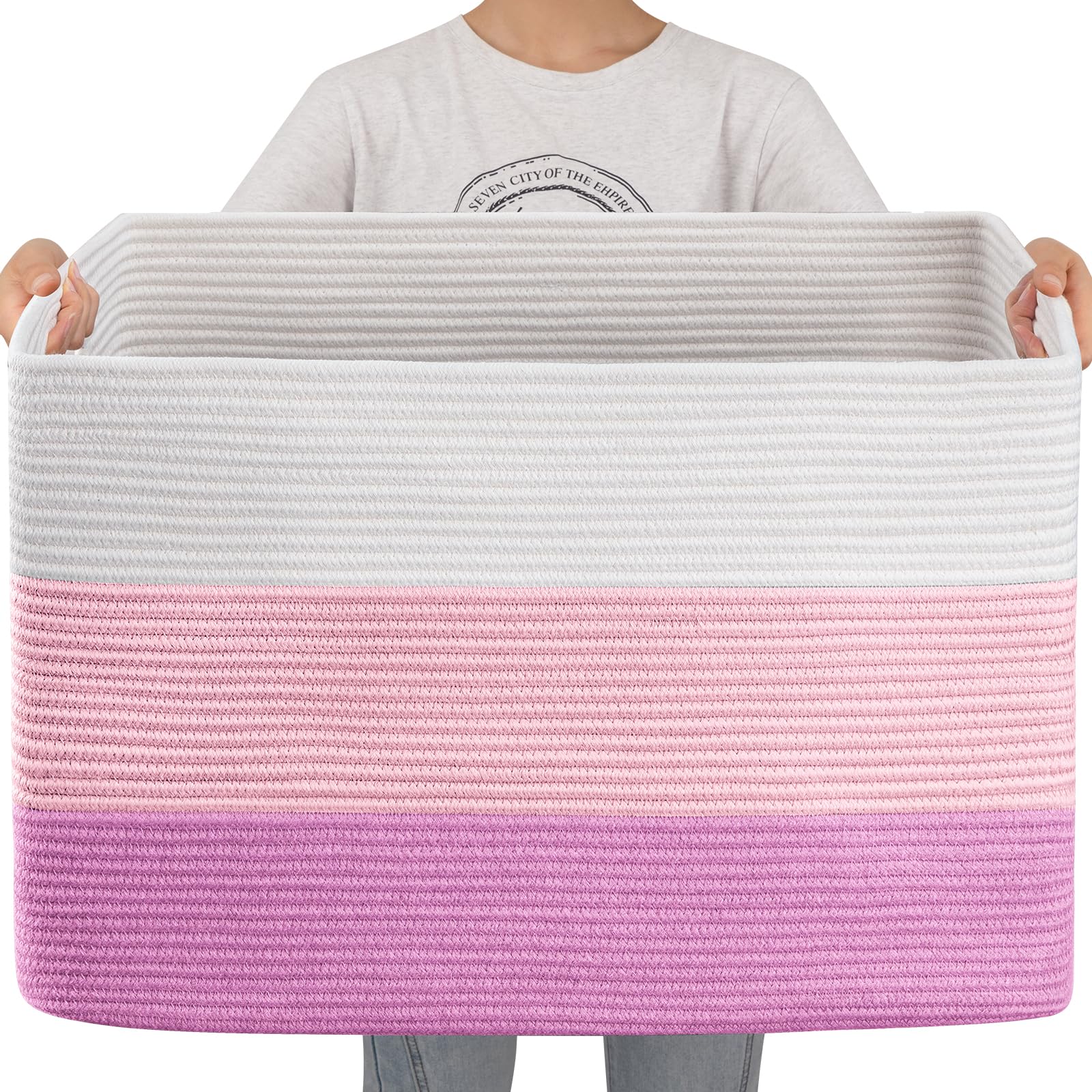 OIAHOMY 108L Super Large Blanket Basket, 25”x16”x16”(108L) Rectangle Woven Baskets for Storage, Cotton Rope Basket For Living Room, Toy Basket with Handle, Basket for Organizing- Gradient Pink