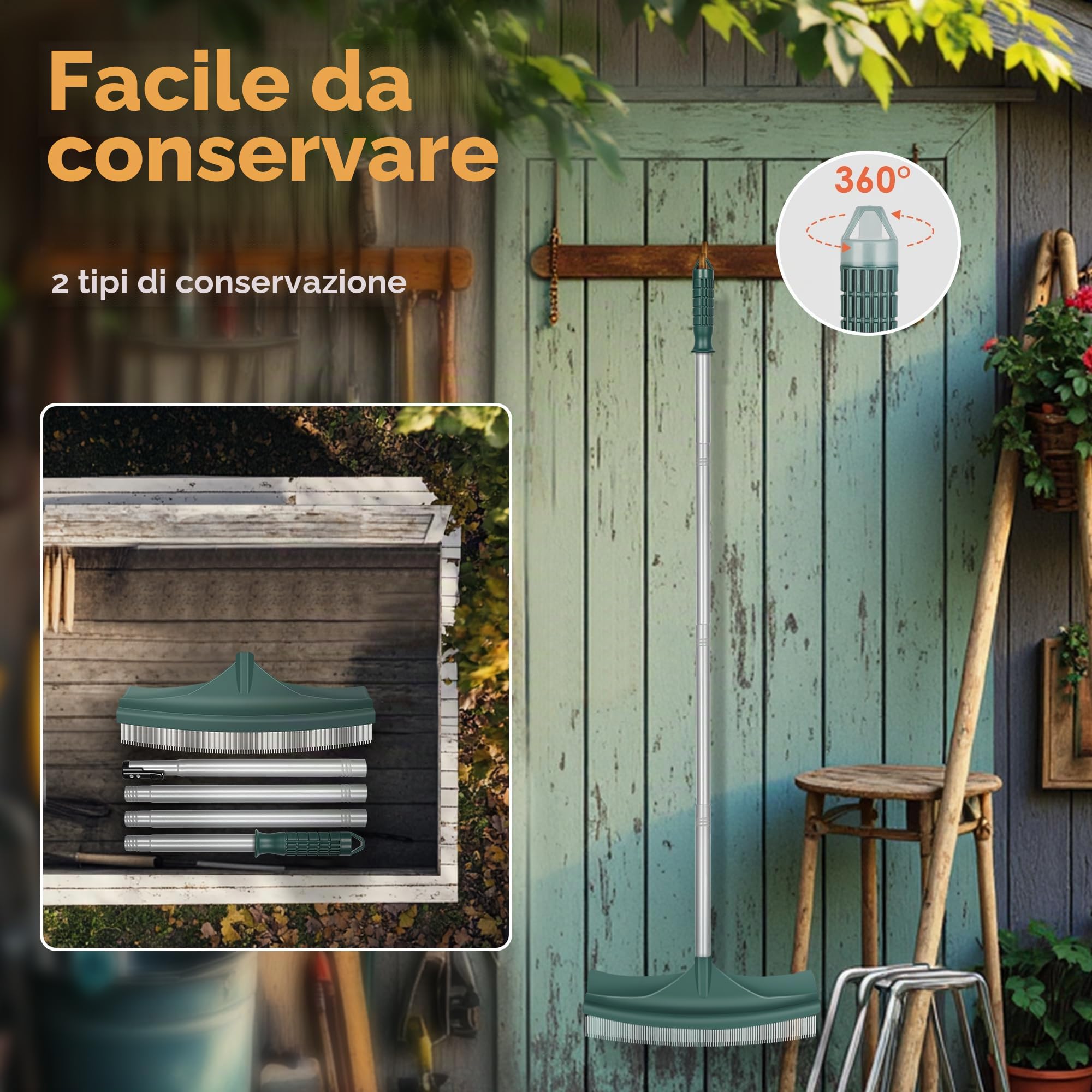 ORIENTOOLS Spazzola per erbacce artificiale, rastrello curvo regolabile da 80 a 134 cm, manico in acciaio, rastrello finto PA per prati e foglie