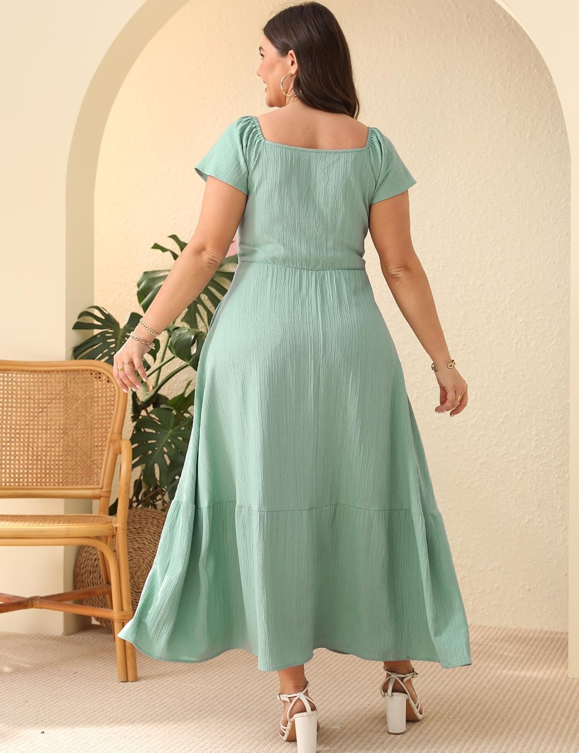 ShopWonder Women Plus Size Boho Maxi Dress Short Sleeves High Waist Ruffle Casual Summer Dress with Pockets - Image 5