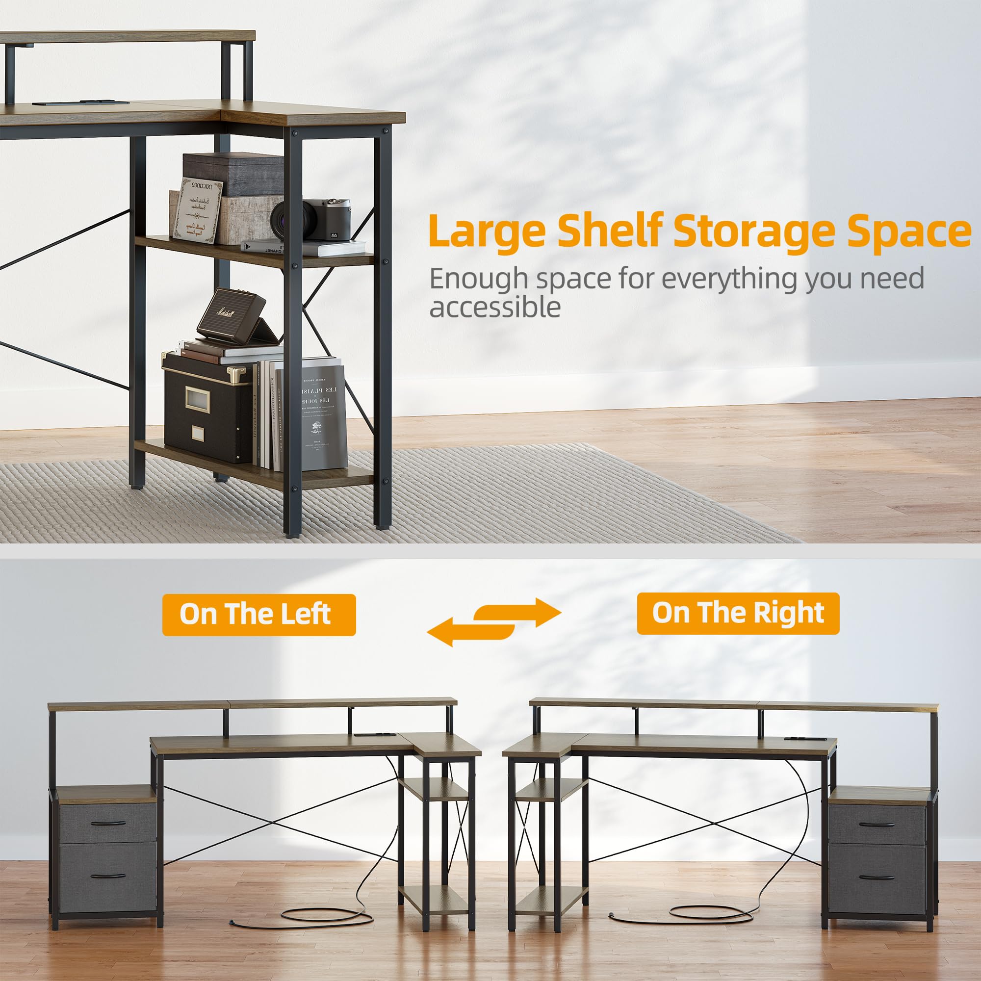 Bureau d'angle blanc brillant en bois d'ingénierie avec rangement pratique et de