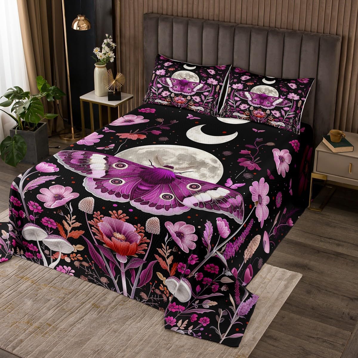 Erosebridal Purple Coverlet Set Queen Size Moth Bedspread Moon Gothic Halloween Botanical Romantic Black Quilted Coverlet Kids Adults Women Soft Luxury Quilted