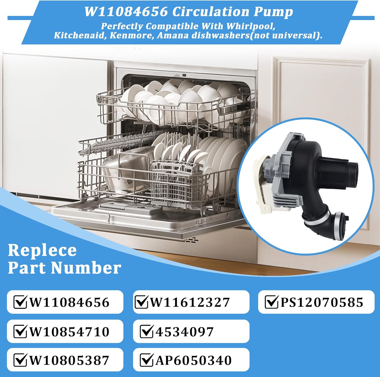 W11084656 W10854710 Dishwasher Circulation Pump and Motor Assembly Parts for Whirlpool Ken-more Kitchen-aid WDT730PAHZ0 WDT750SAHZ0 WDTA50SAHZ0, Replace 4534097, PS12070585, W10805387, AP6050340