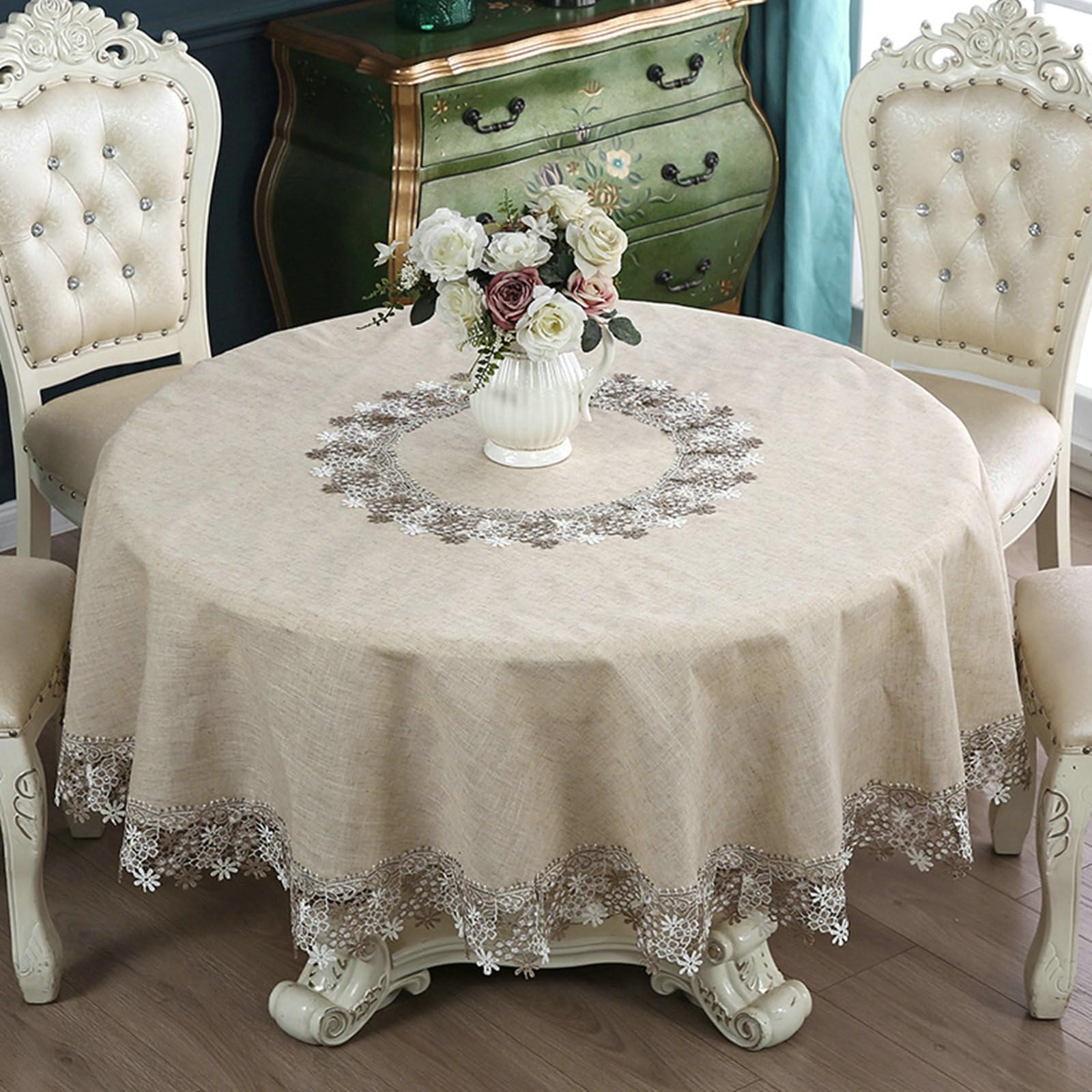 Nappe ronde 150 cm à broder aspect lin kaki maison de campagne
