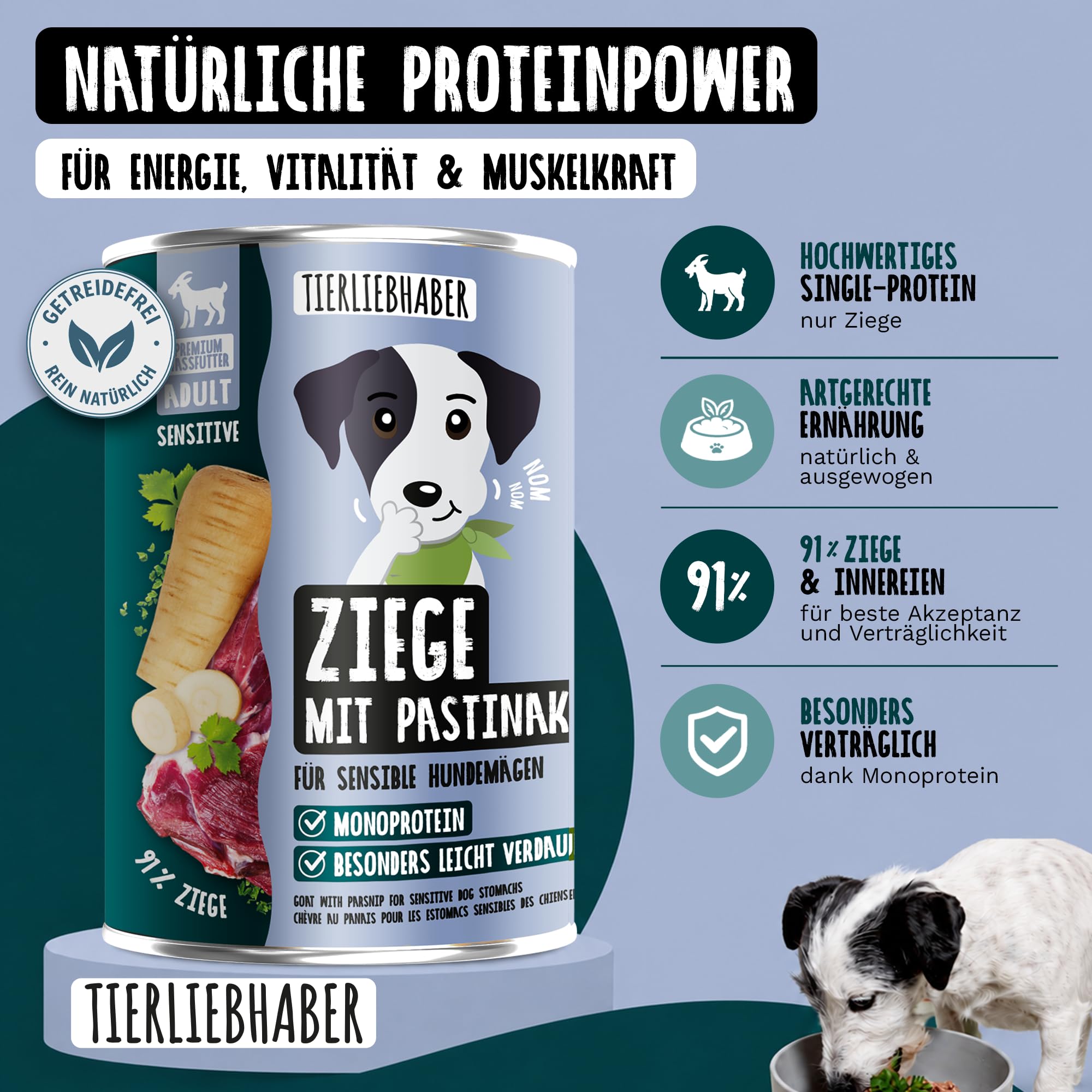 Hundefutter Nass 400g 12x Ziege mit Pastinake – Hunde Nassfutter Wet Dog Food tierärztlich entwickelt – Hundenassfutter 400g Dosen mit 91% Fleischanteil – Dog Food leicht verdaulich von TIERLIEBHABER