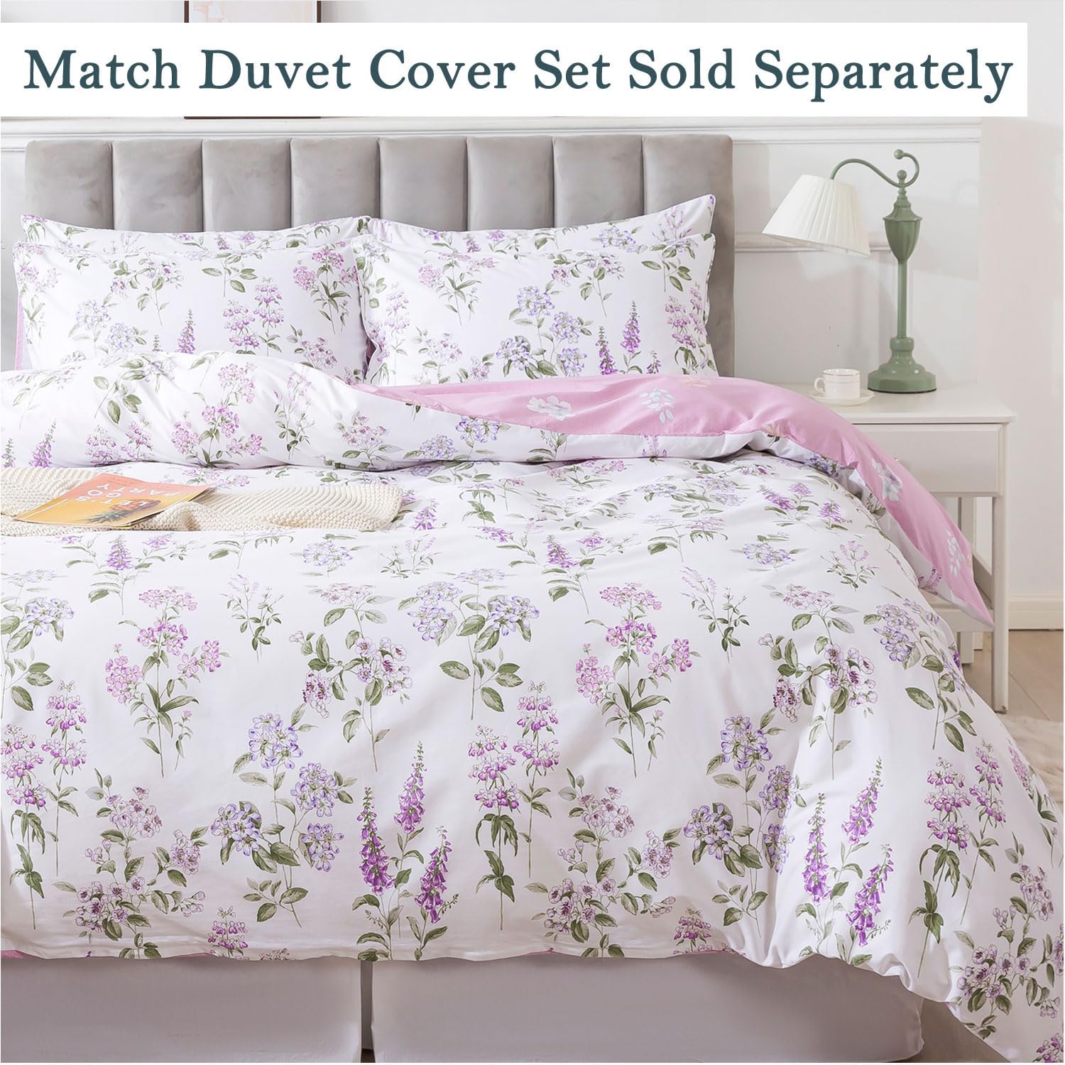 FADFAY Queen Sheets Set 100% Cotton Purple White Bed Sheet, French Country Lilac Lavender Green Leaves Sheets Botanical Pattern Minimalist Bedding, Soft Crisp & Breathable Luxury Deep Pocket Sheet