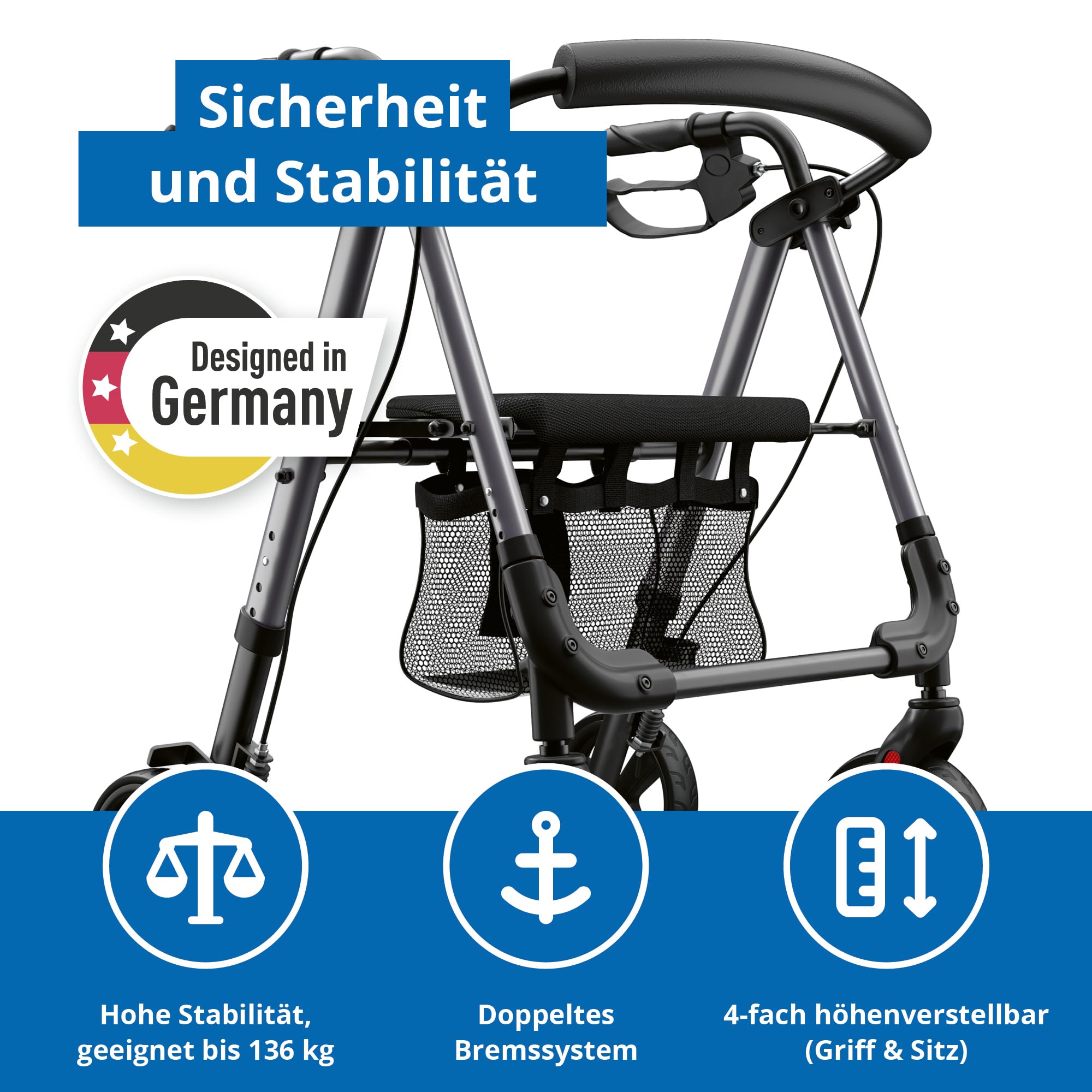 Weinberger Alu-Rollator Basic, faltbar, mit Sitzfläche, Leichtgewicht 6,2 Kg, Medizinprodukt Klasse 1, höhenverstellbar, Gehwagen, Gehhilfe, Reiserollator, 46501