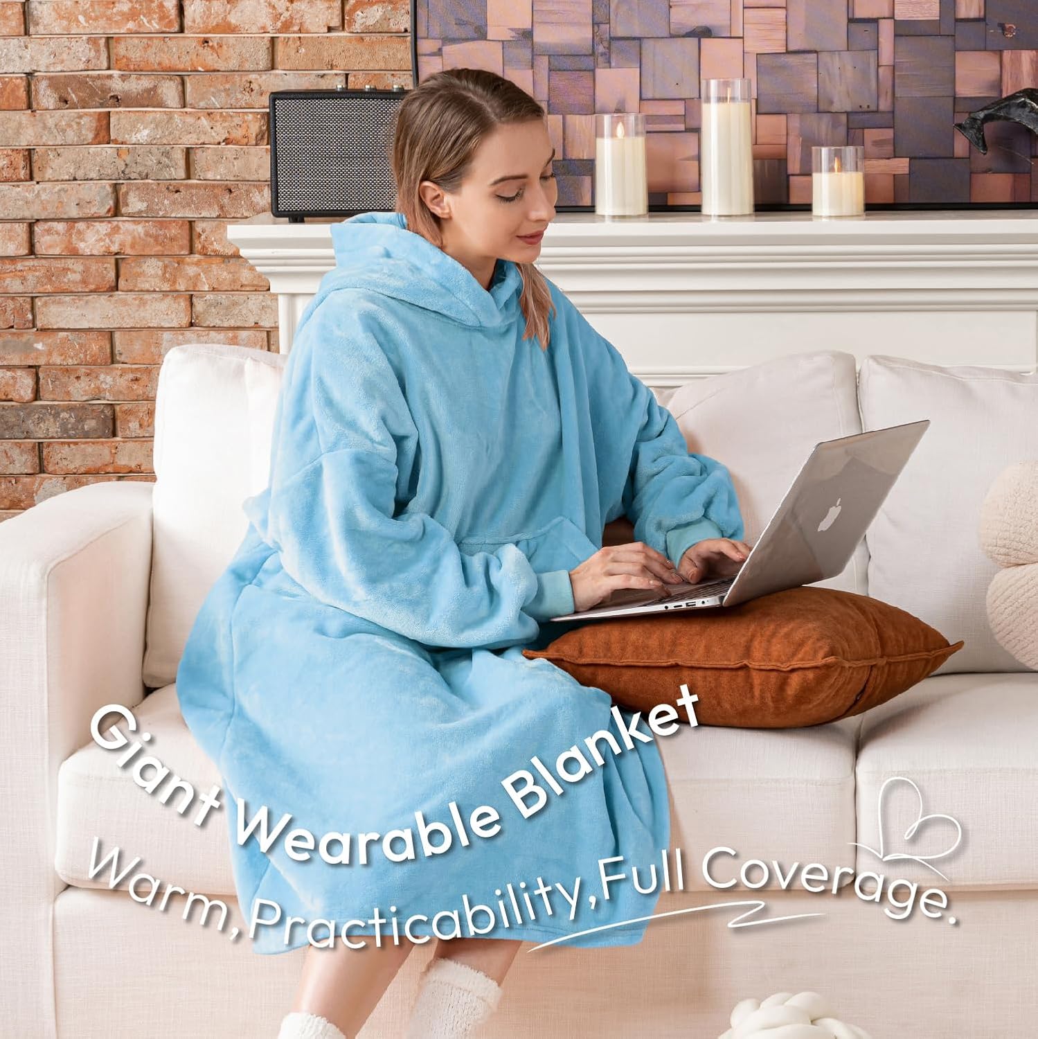 Sioloc Wearable Blanket Hoodie for Women/Kids/Men, Oversized & Cozy Sherpa Lined Hoodie Sweatshirt Blanket(Baby blue,Long) - Image 3