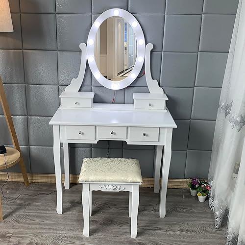 PULLAFUN Escritorio de tocador con espejo y luces, tocador de maquillaje de madera con espejo ovalado y taburete, modos de iluminación de 3 colores,