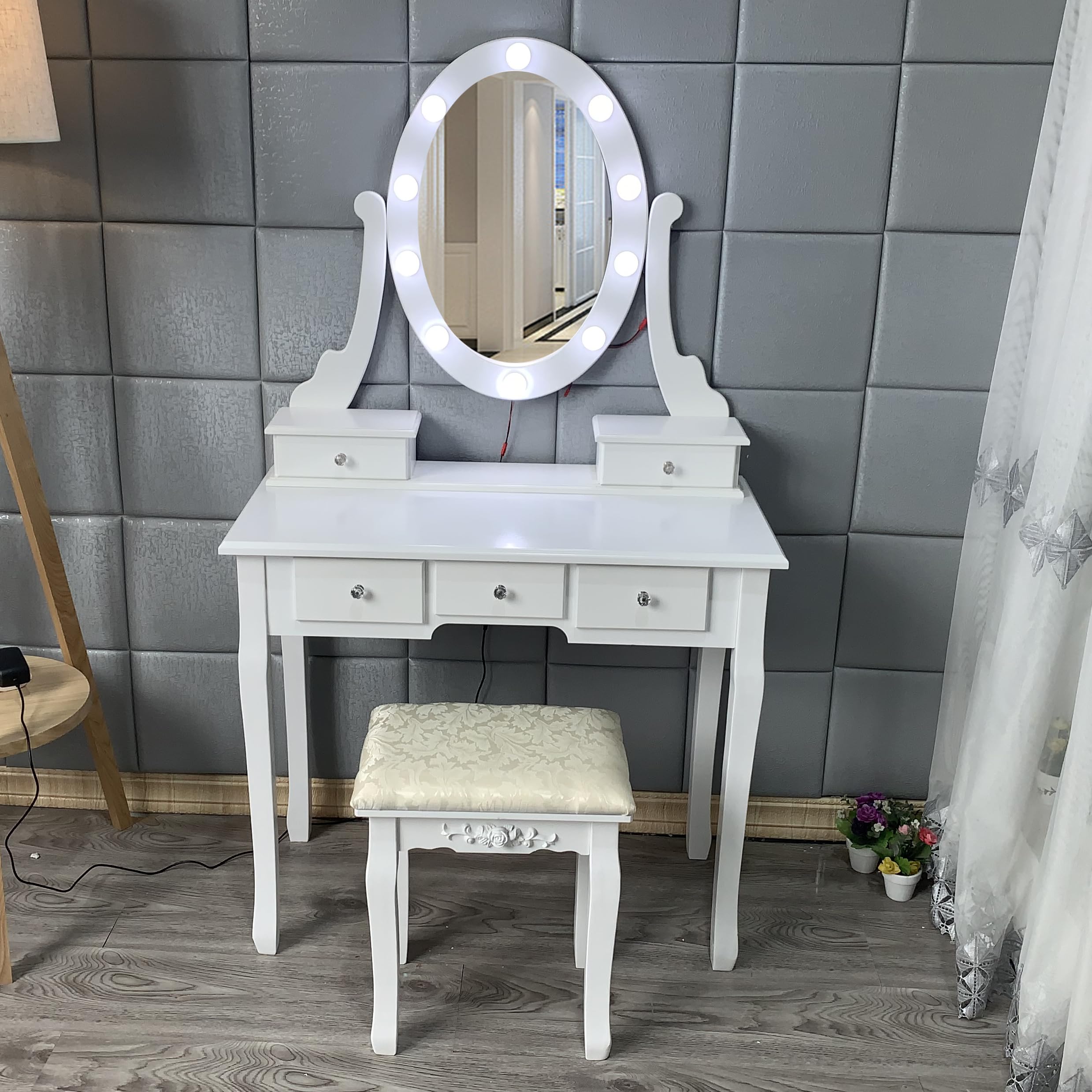 PULLAFUN Vanity Desk with Mirror and Lights, Wood Makeup Dressing Table with Oval Mirror & Stool,3 Colors Lighting Modes,Modern Bedroom Dressing Table with 5 Large Drawers