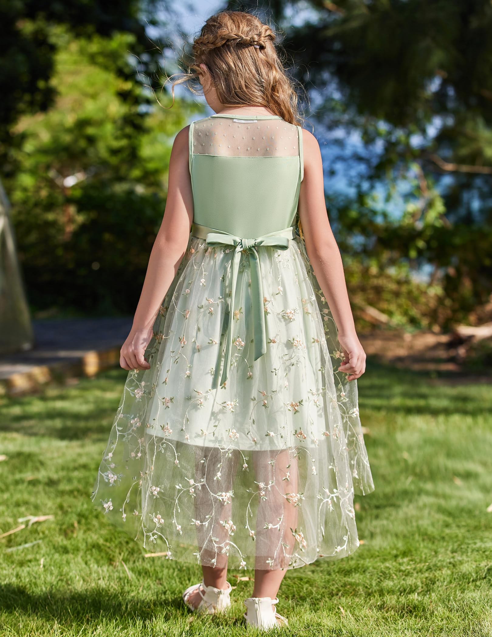 Arshiner Mädchenkleider Ärmelloses Kinder Sommer Party Festliches Hochzeitskleid Kommunionkleid Brautjungfernkleid Blumenmädchenkleider Tüllkleid mit asymmetrischem Saum und Gürtel 6-15 Jahre - 4
