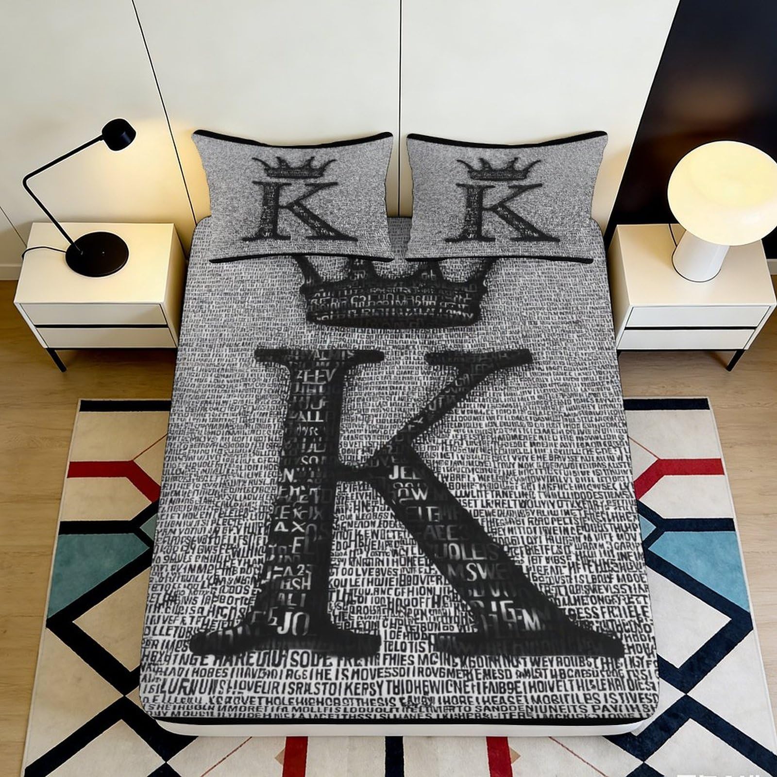 3D Printed Crown Letter Fitted Sheet Microfiber Non-Slip Deep Pocket Crown Letter Mattress Fitted Cover Washable 140x200x25cm