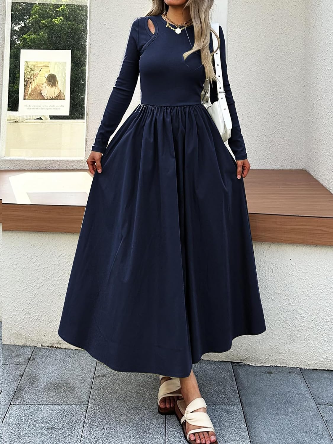 Women’s Maxi Dress with Pockets, Long Sleeve A-Line Flowy Full Length Dress Cutout Shoulder, Elegant Casual Outfit - Image 3