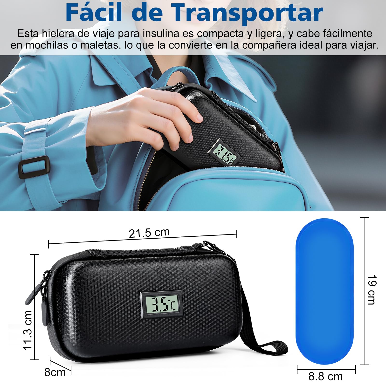 Enfriador Nevera Portátil Insulina Medicamentos, Estuche de Viaje con Termómetro y Pantalla de Temperatura, 2 Bolsas de Gel Frío Reutilizables, Aprobado por la TSA, Organizador para Diabéticos