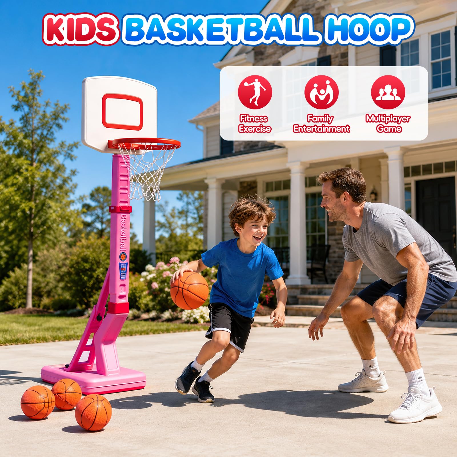Canestro da basket regolabile per bambini e supporto a 5 livelli (70-138 cm), giocattolo sportivo per interni ed esterni, con 4 palline e pompa, regalo di compleanno per ragazzi e ragazze dai 3 agli 8