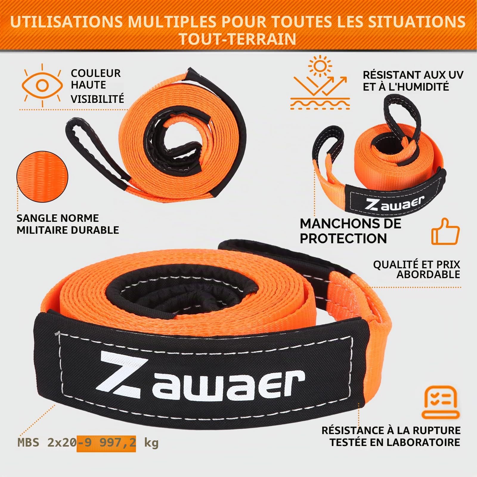 Zawaer Corde de Remorquage d'urgence de Voiture, 10T Sangle Remorquage, avec Manille Haute Résistance, Résistance à la Rupture de 26,455 LBS, Cordede 5m x 5cm avec Sac Rangement,Plus Sûre