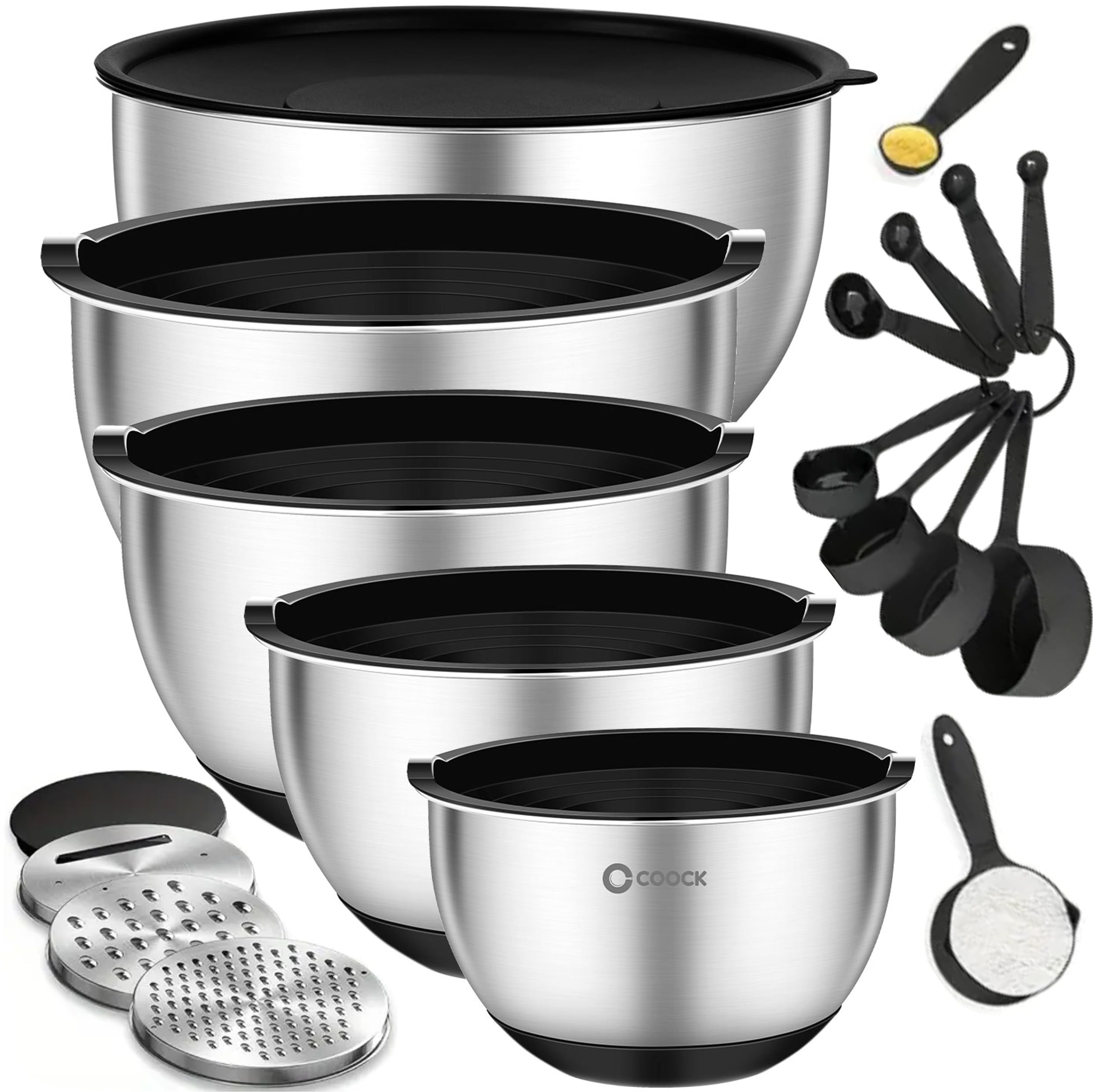 Edelstahl Rührschüssel Set mit Deckel & Reibe – 5-teilig 1,5L bis 5L – Schwarz – Küchenschüssel Set inkl. Messlöffel & Messbecher – Premium, Stapelbar & Spülmaschinenfest