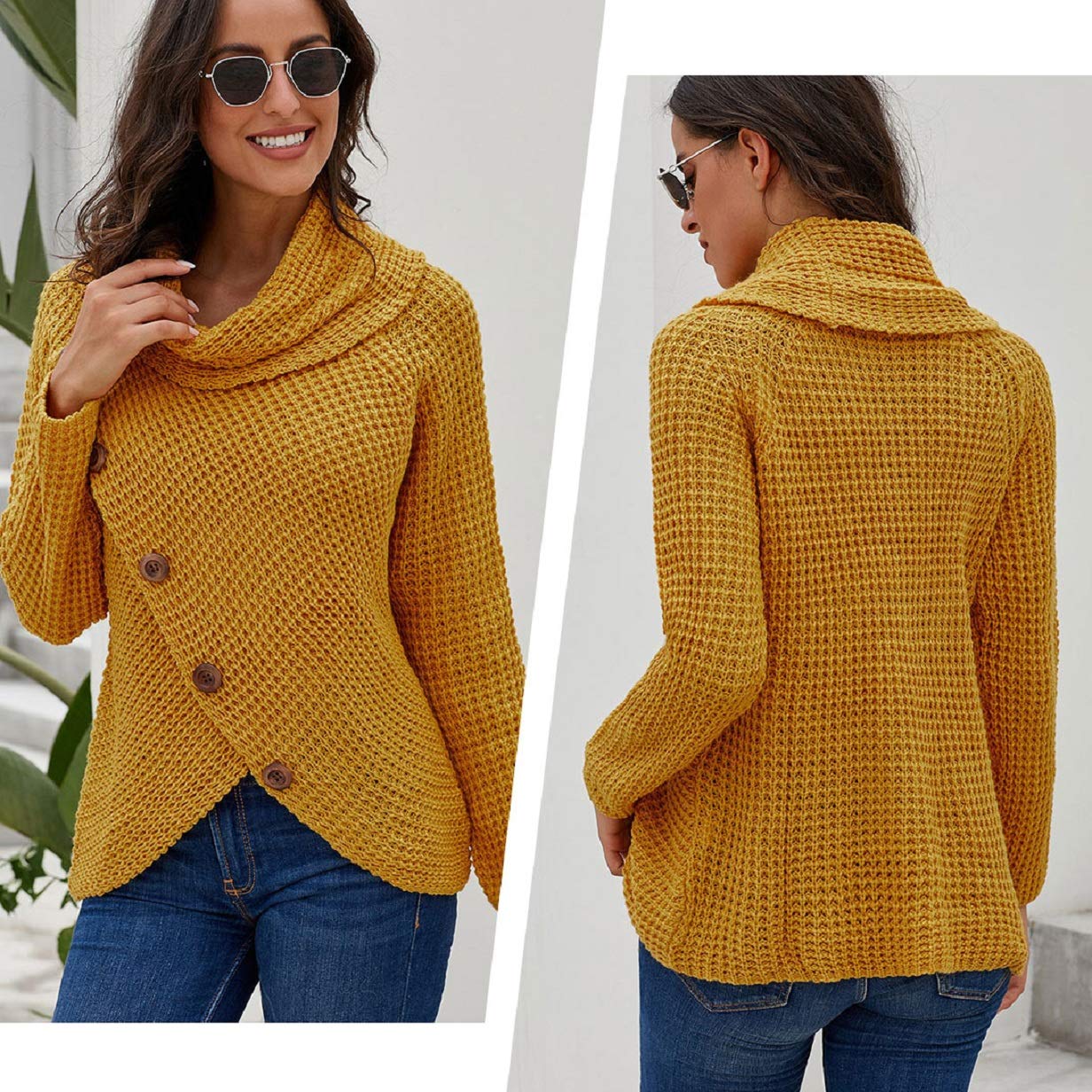 Tuopuda Maglione Donna Felpa Ragazza Asimmetrica Sweatshirt Collo Alto Pullover Elegante Casual Tops Maniche Lunghe Maglione Autunnale Invernale Primavera con Bottoni Natale