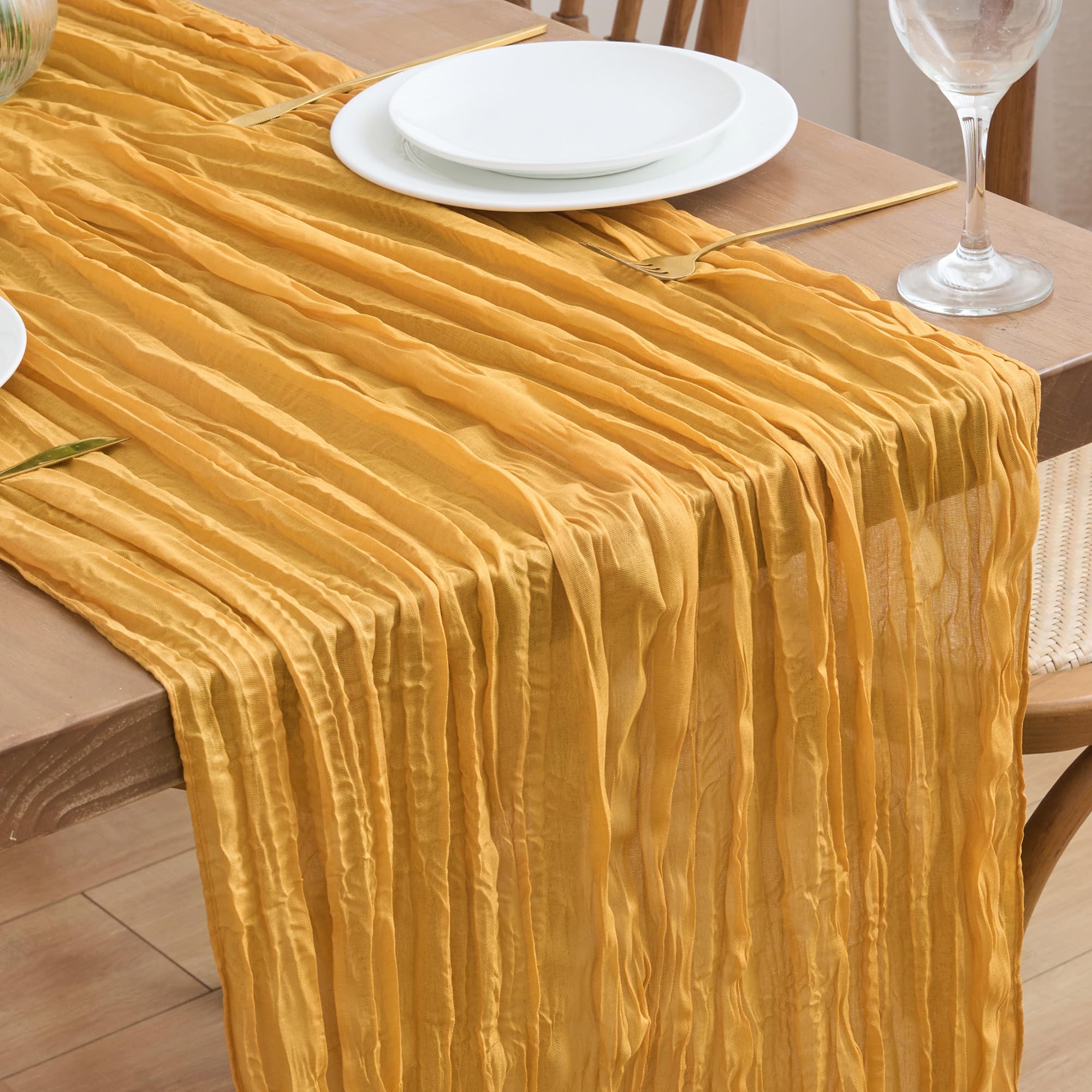 Photo 1 of Asee'm Cheesecloth Table Runner 120 Inches Long Gold Boho Gauze Cheese Cloth Runner 10FT Rustic Sheer Fall Table Runners for Thanksgiving Christmas Wedding Party Baby Shower Decoration
