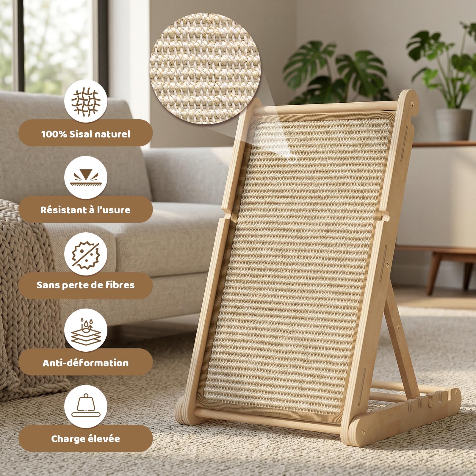 X XBEN Grattoir en Bois pour Chat, 60cm de Haut Griffoir Chat Pliable avec 5 Hauteurs Réglables, sans Montage, Forme de L Planche à Gratter en Sisal Naturel pour Préserve Canapé et Mur