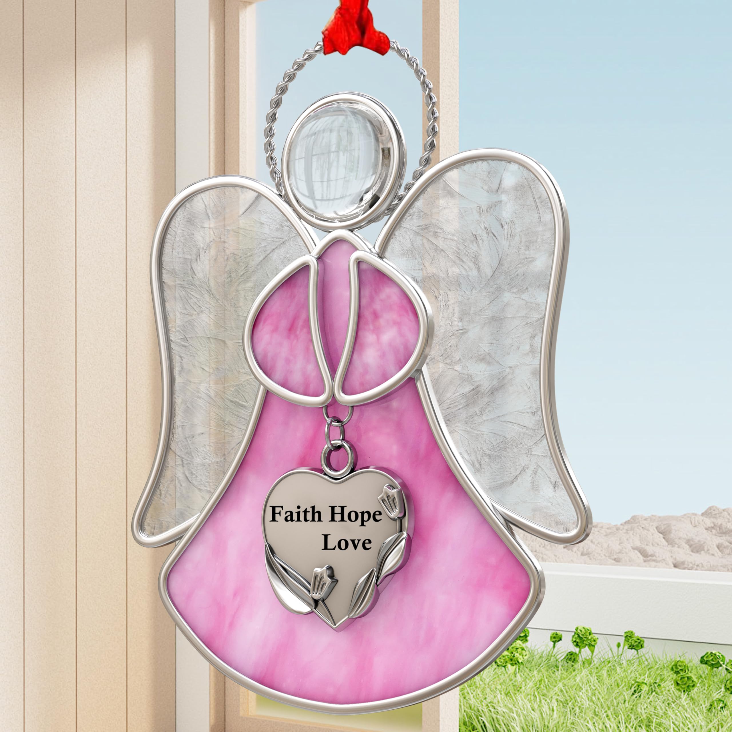 KUNDGLA Angel Stained-Glass Sun-Catcher, Decorative Indoor Windows Metal Suncatcher Ornament, Gifts for Friends Mom Teacher Birthday Christmas Tree Holiday Hanging Décor (Pink - Faith Hope Love) — image 1