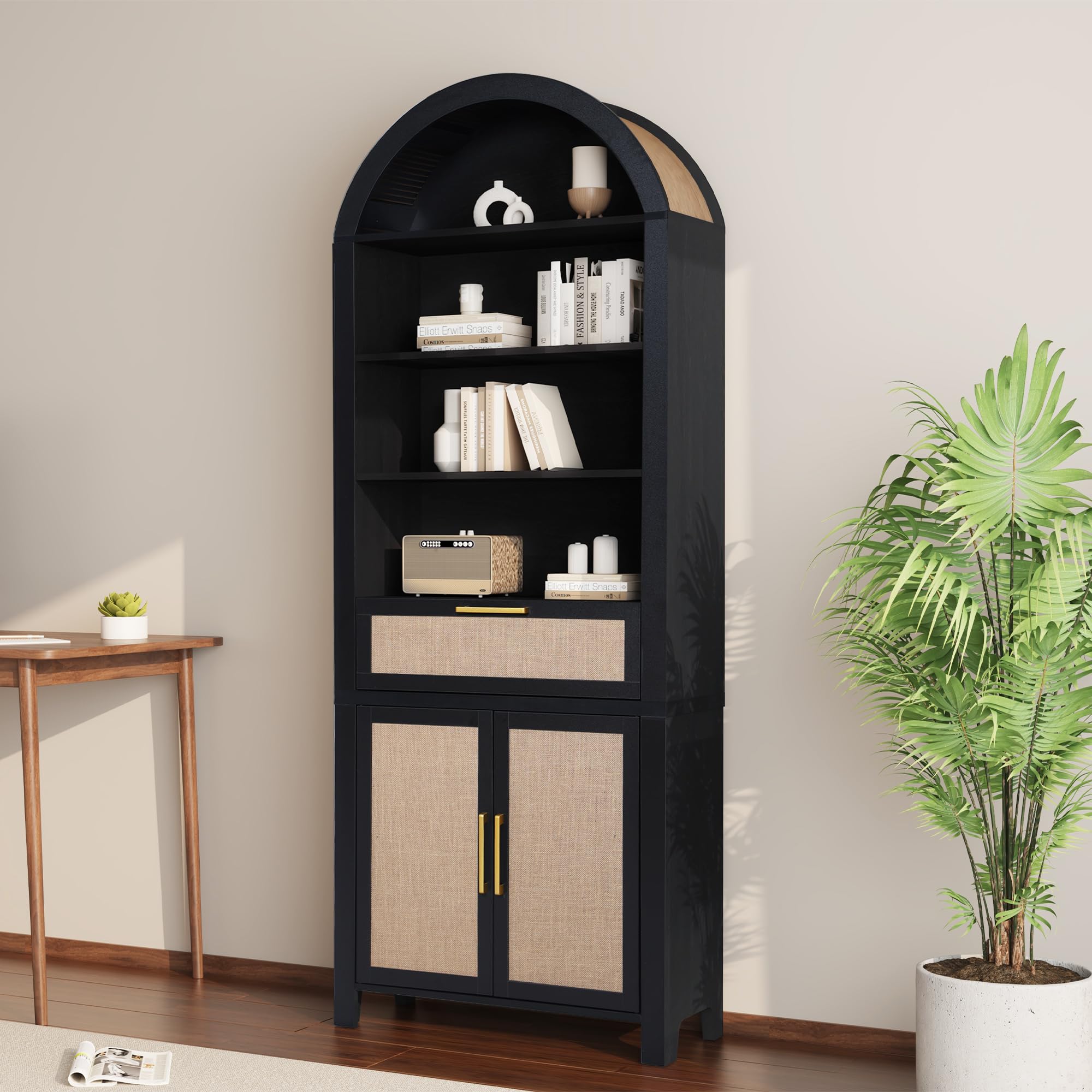 Janmer Home 79 Inch Tall Arched Bookcase Cabinet with Doors in Black Rattan