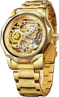 Men's Skeleton Automatic Tourbillon Watch Self-Wind Hollow Mechanical Watch Tourbillion Rhombus Stainless Steel Wristwatch Gold OR Black
