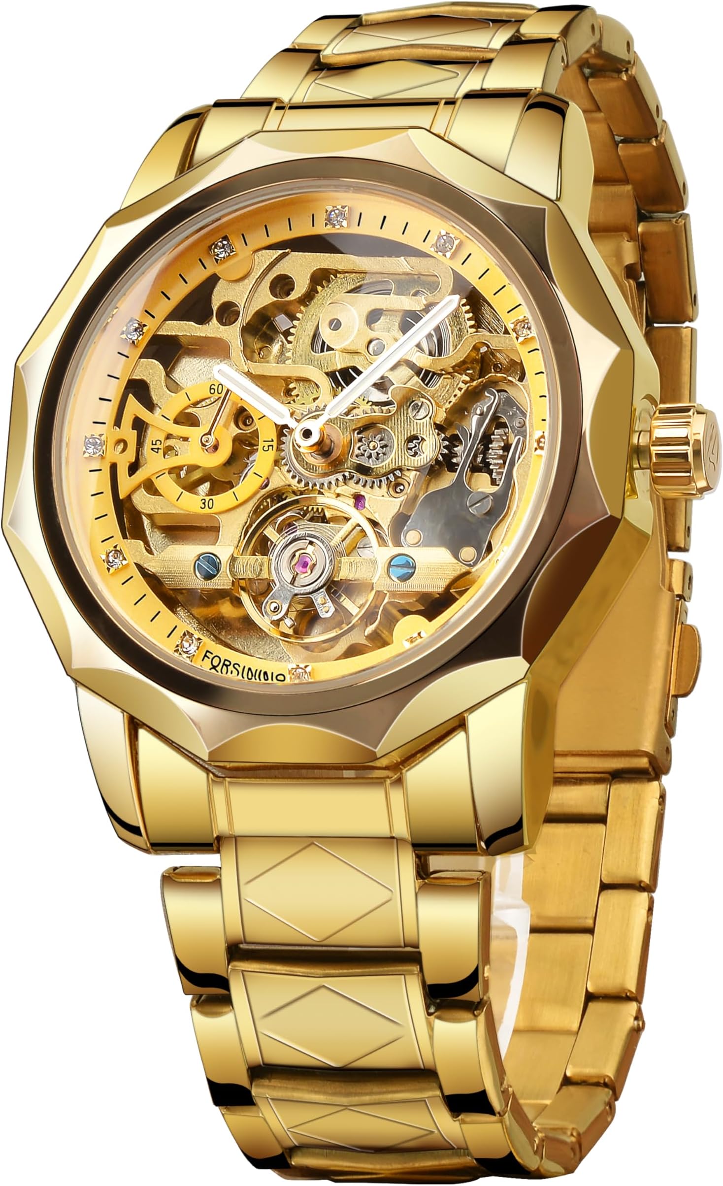 Men's Skeleton Automatic Tourbillon Watch Self-Wind Hollow Mechanical Watch Tourbillion Rhombus Stainless Steel Wristwatch Gold OR Black