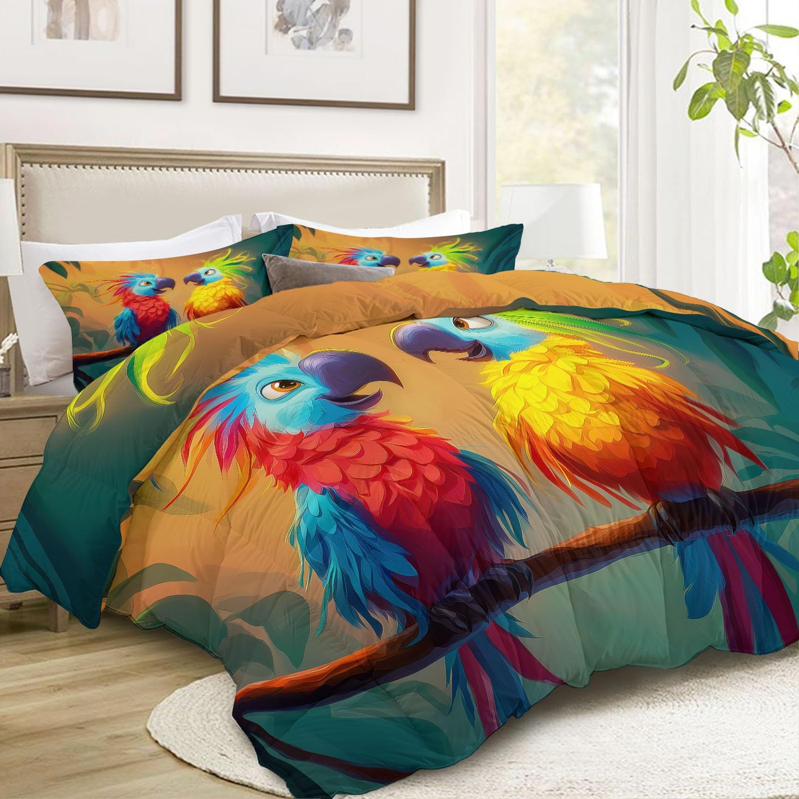 Generico Piumone Invernale Matrimoniale 220 x 240 cm Animali Pappagallo Trapunta in Ecopiuma 400 gr/mq, Caldo ed Elegante – Biancheria da Letto Anallergica e Traspirante – Set 3 Pezzi, Colore
