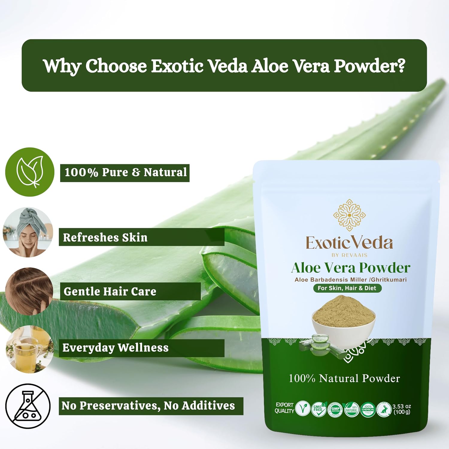 Aloe Vera Powder 100g – Pure & Natural Aloe Powder for Skin, Hair & DIY Beauty Care, Vegan, Non-GMO, Gluten-Free, for Face Packs, Hair Masks & Smoothies