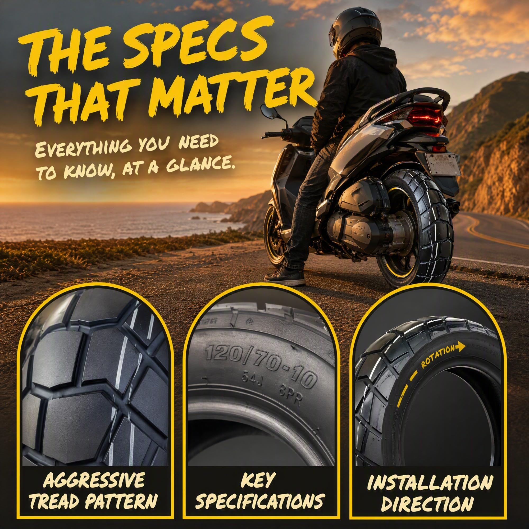120/70-10 Pneumatico Tubeless per Cerchio 10in Moto, 8PR Rinforzato