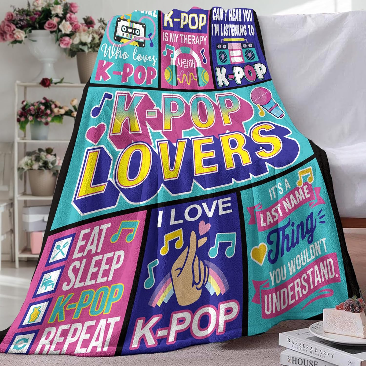 Kpop Gifts for Women Girls Teen Flannel Throw Blanket, Korean Pop Music Present for Korea Friends K-Pop Lovers Fans, Funny Soft Bedding Sofa Blanket Birthday Ideas 60" x 80"