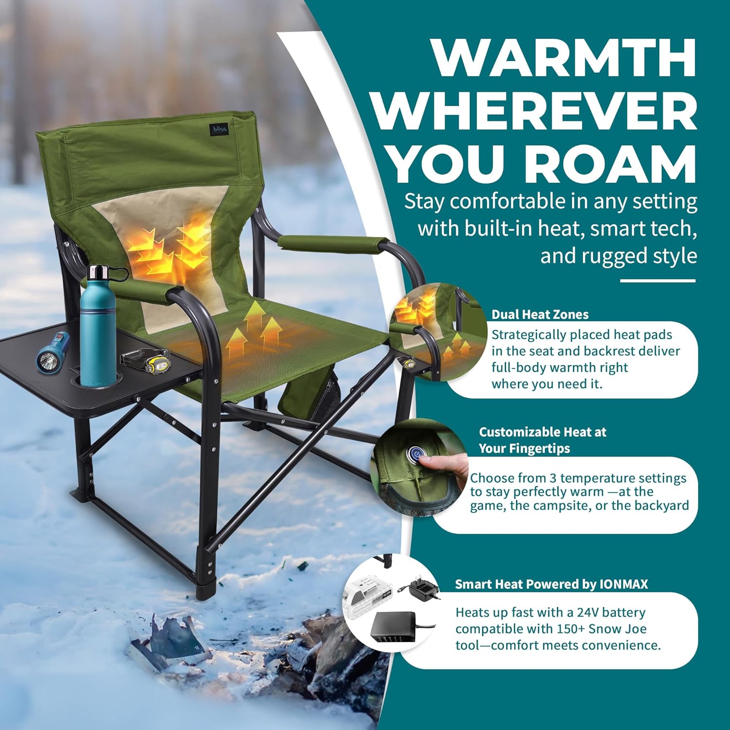 Bliss Hammocks 24 Volt Heated Directors Seat with 3 Heat Settings, Folding Portable 21 Inch Wide Steel Frame Camping Chair - Battery Included, Green