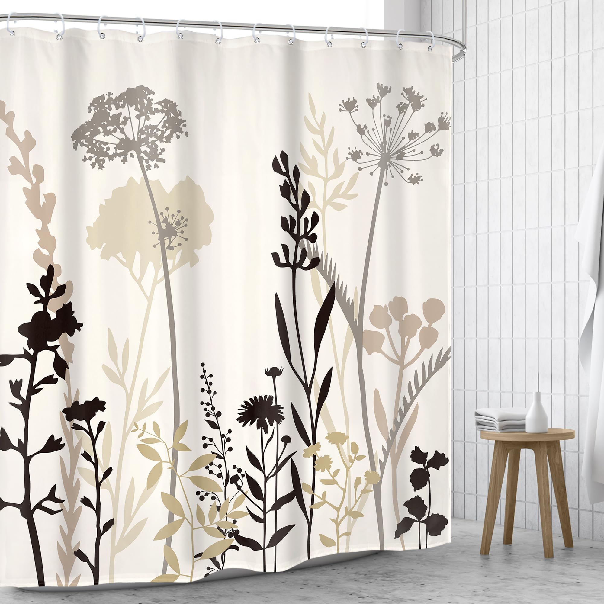 Rideau de Douche Beige, crème, Taupe, Marron, Silhouette Florale, Style bohème Rustique, Feuilles et Plantes Sauvages, Style Vintage, Salle de Bain, 300x200cm(LxH)