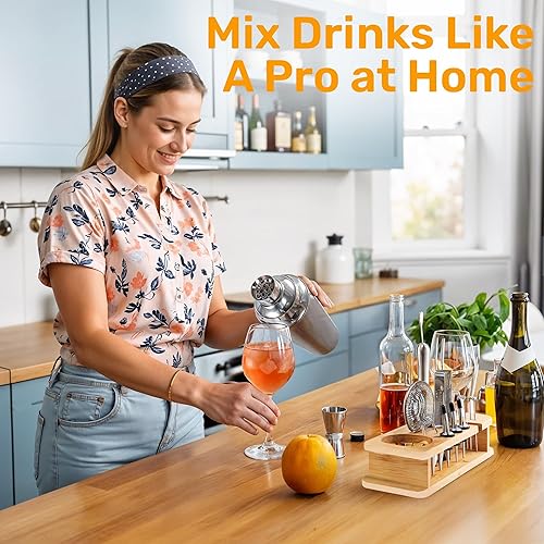 Miniatura 7 de Kit de camarero de 16 piezas con soporte de bambú  Juego de coctelera Herramientas esenciales para bar, coctelera de vino, filtro de hielo, cuchara