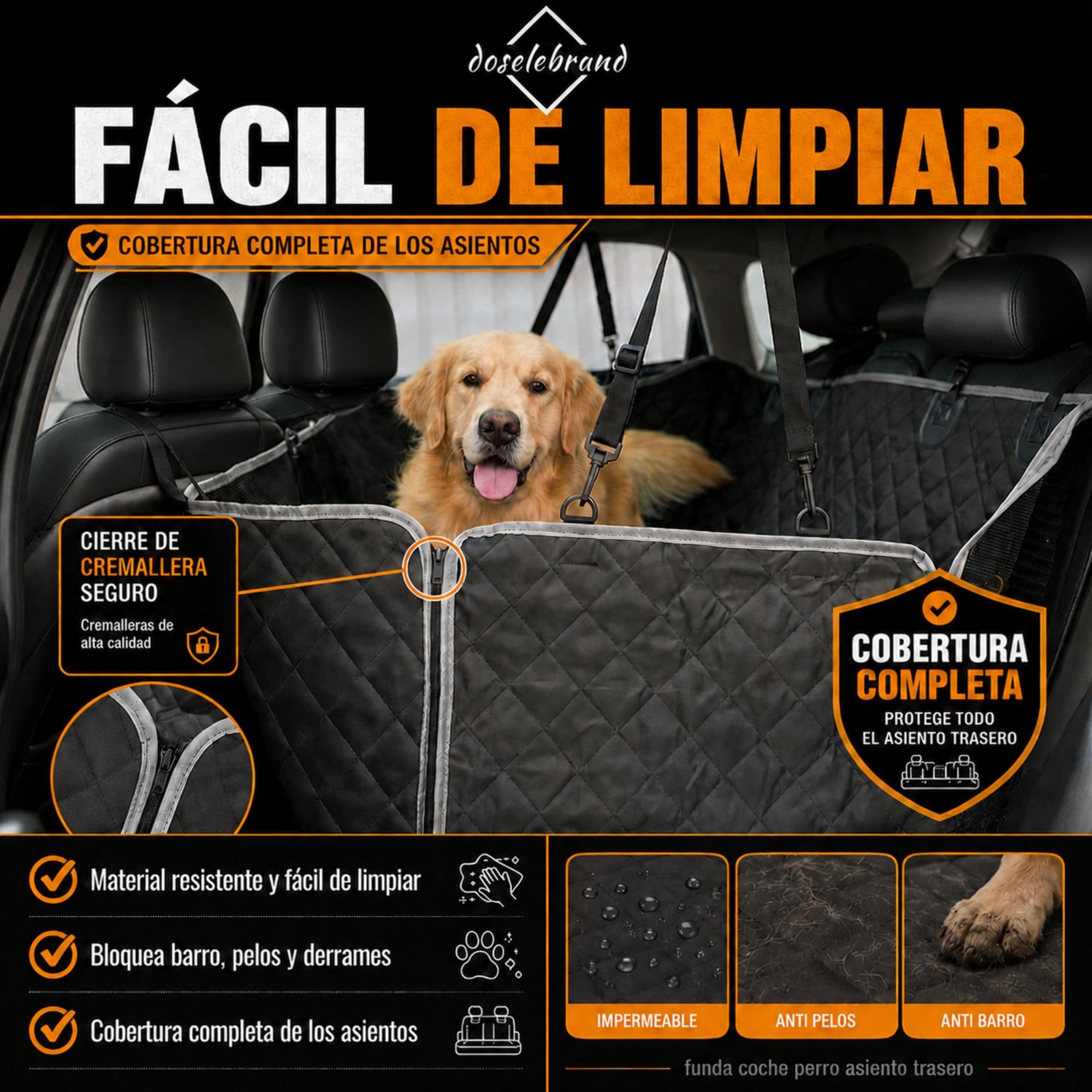 Pack Funda Coche Perro + Arnés + 2 Rollos Quitapelos + Bolsa | Impermeable│ Antideslizante │ Ventana y Bolsillos │ Evita Pelos - Barro - Arañazos │ Universal - Asiento Trasero - Maletero