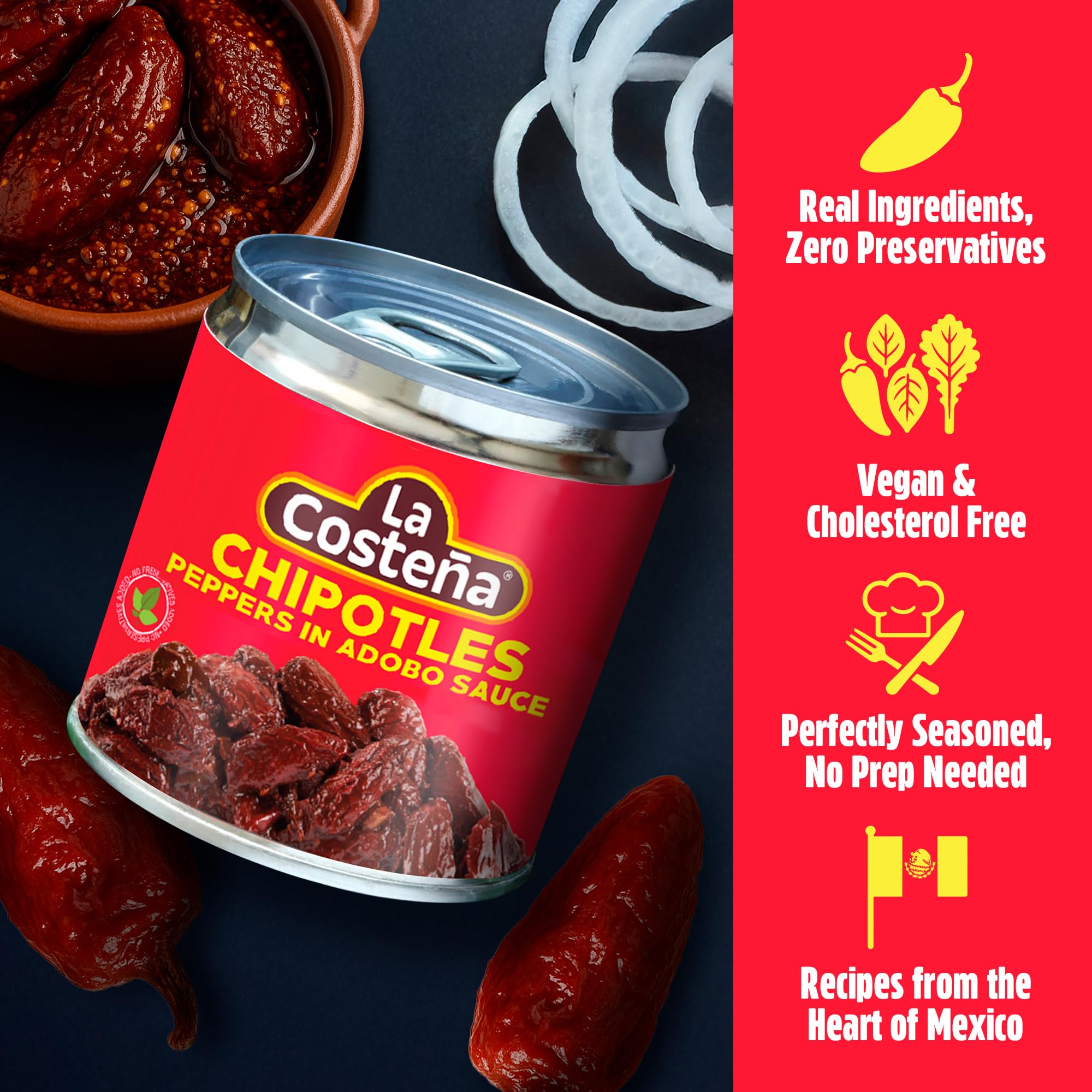 La Costeña Chipotle Peppers in Adobo Sauce - Smoked Spicy Peppers Chipotle in Adobo Sauce - Mexican Food, Taco, Enchiladas & Salsa - Hot Pickled Vegetables - 7 oz, 24 Pack Canned Vegetables