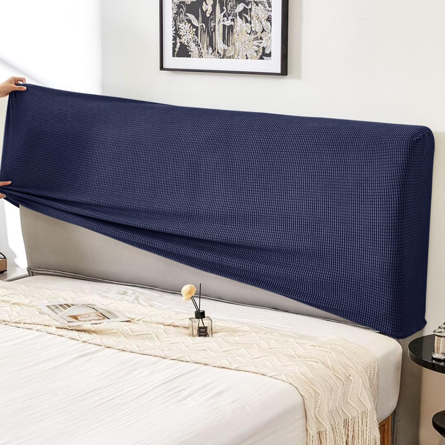 HOKIPO Stretchable Jacquard Bed Headboard Cover for Single Bed (84x65 cm) | Elastic Fitted Bed Head Protector | Washable Headboard Slipcover, Navy Blue (AR-5625-NYBL)-image-28