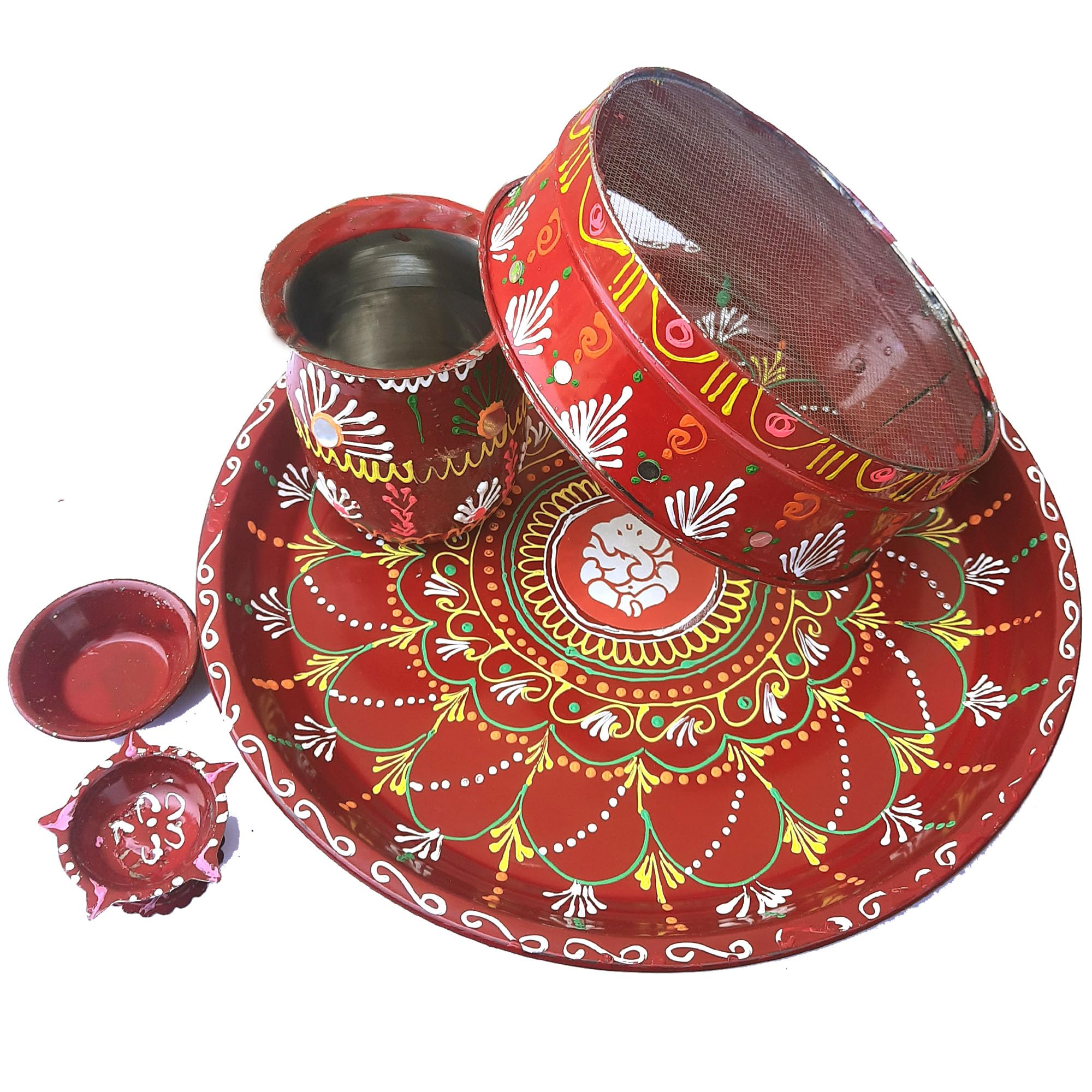 Pooja Thali Karwachauth Tradizionale Indiano - Set Rosso 30.5 Cm Con Vatis, Diya, Lota - Foto 9