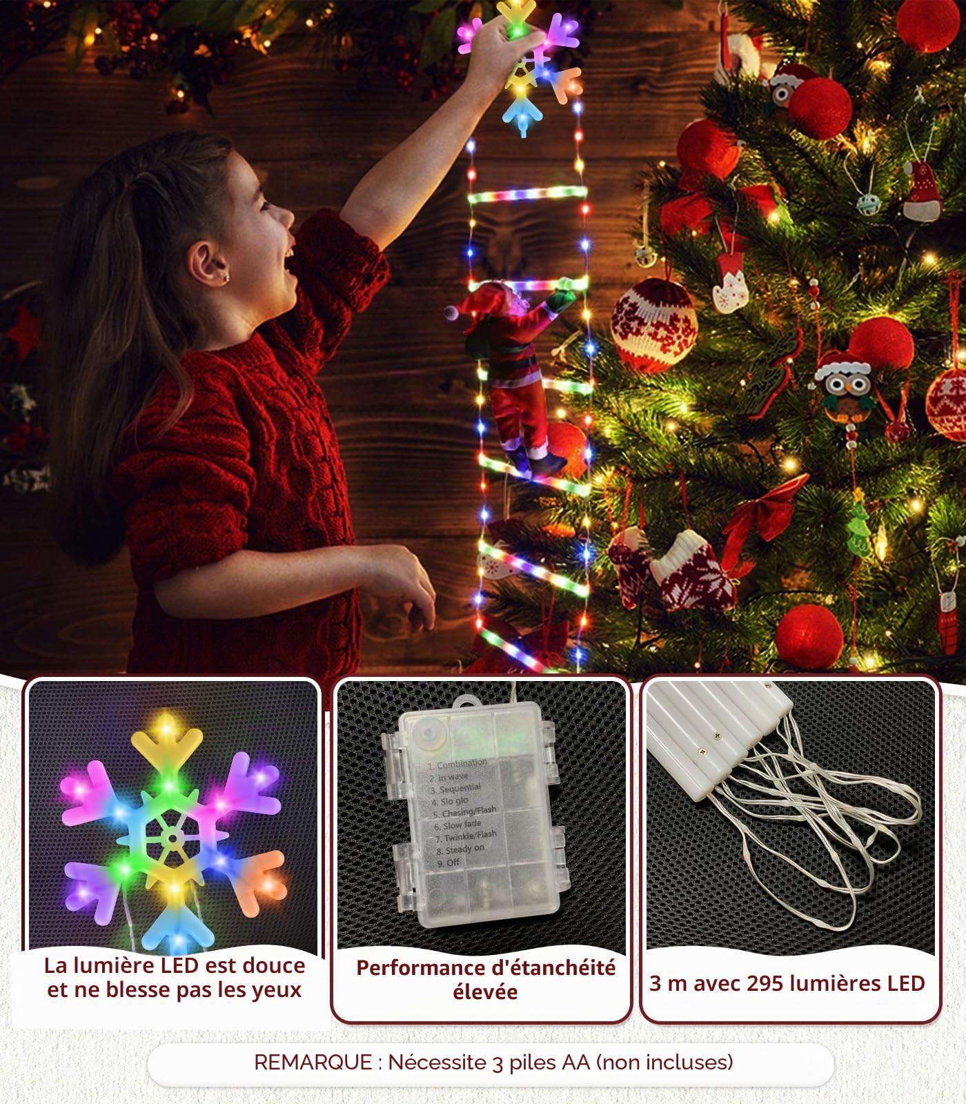 Guirlande Lumineuse Échelle Père Noël, 3 m LED Rideau Lumineux Flocon de Neige Decoration Noel Guirlande Lumineuse à Piles, 8 Modes Minuterie Christmas Lights avec Père Noël pour Exterieur Interieur