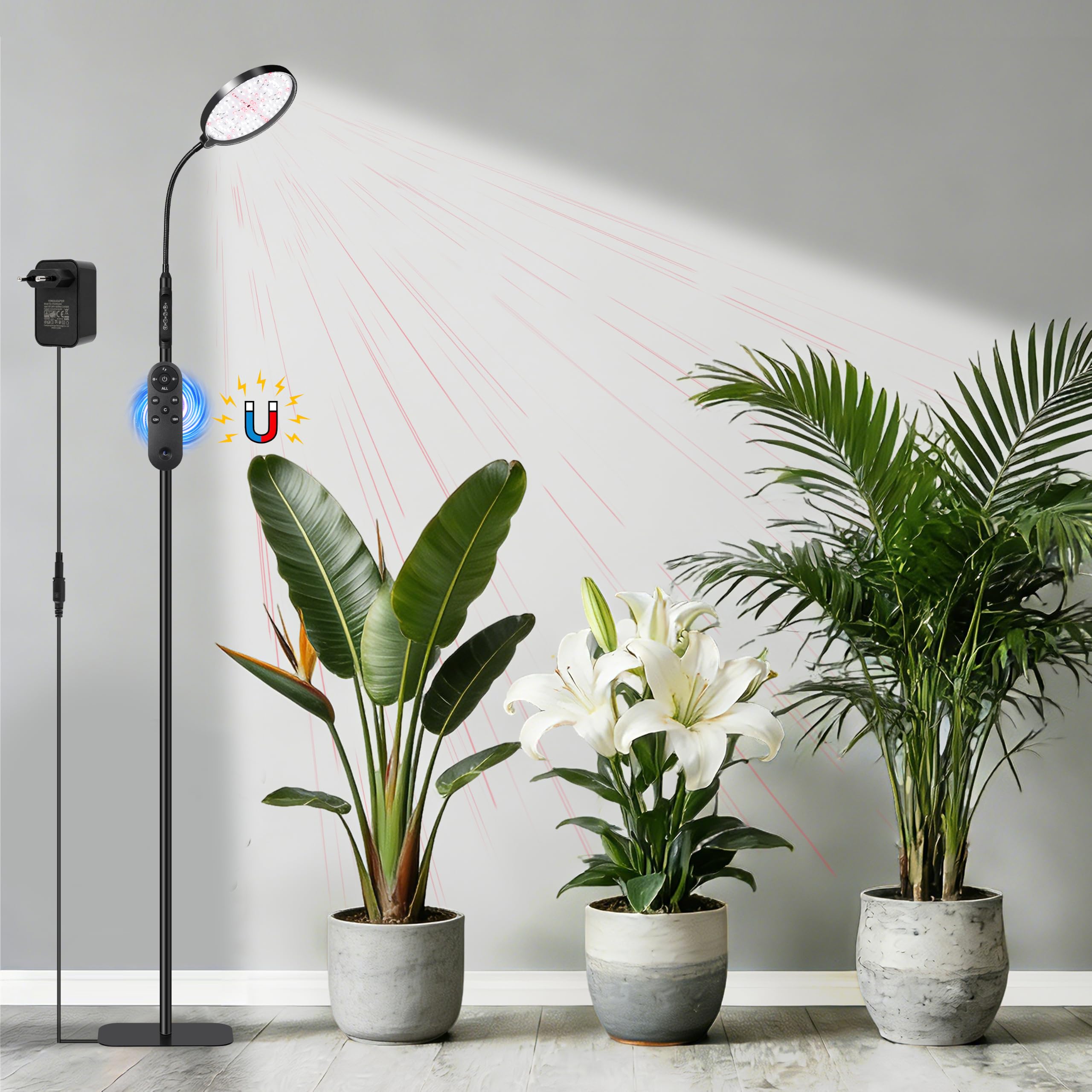 Lámpara para plantas de interior, soporte de espectro completo, mando a distancia y temporizador de 4/8/12/18h, 3 modos, 10 niveles de atenuación, soporte estable para plantas altas hierbas suculentas