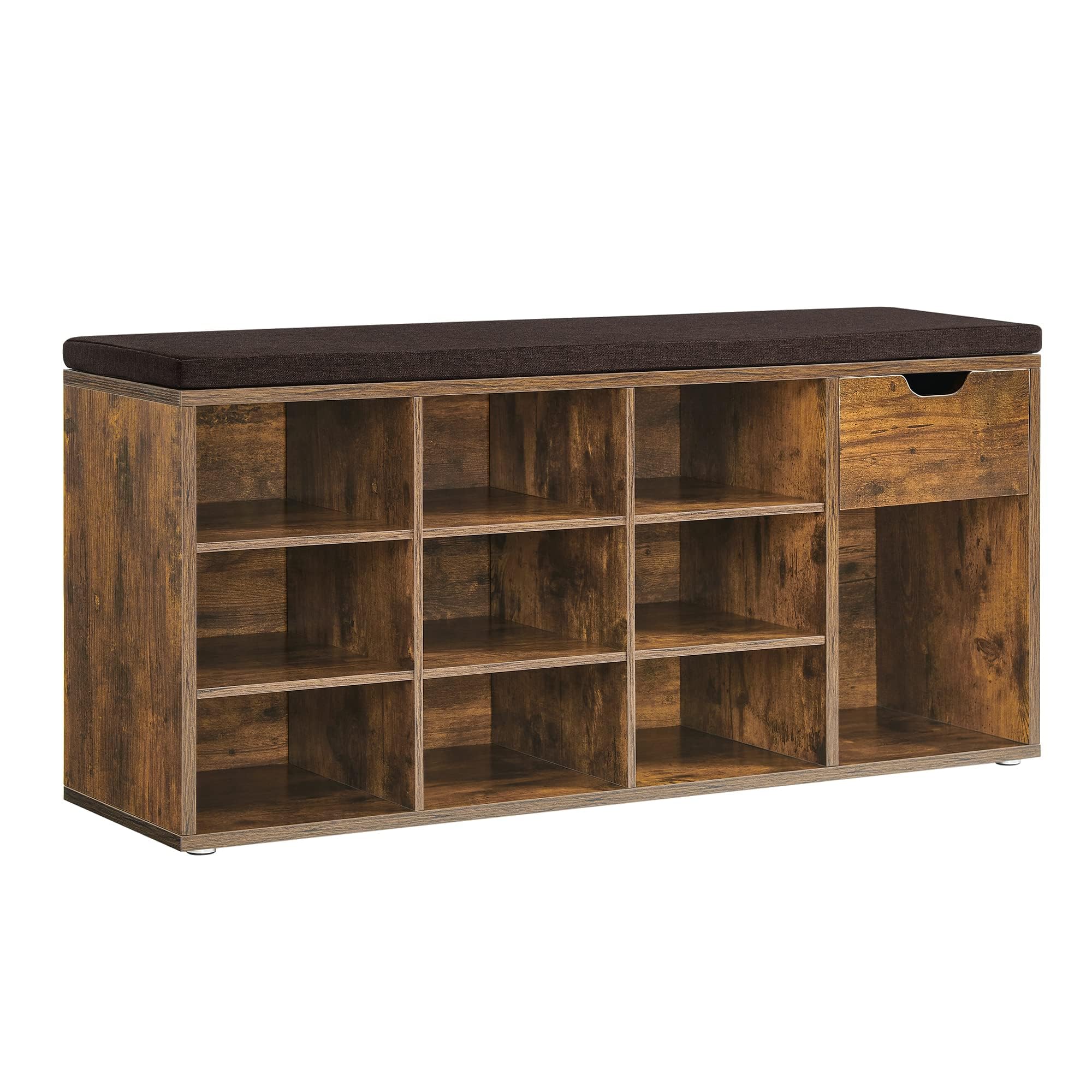 (As is)VASAGLE Storage Bench, Entryway Bench with Cushion, Drawer and Open Compartments, Bench with Storage, for Living Room, Bedroom, Closet, Rustic Brown and Brown ULHS024T01