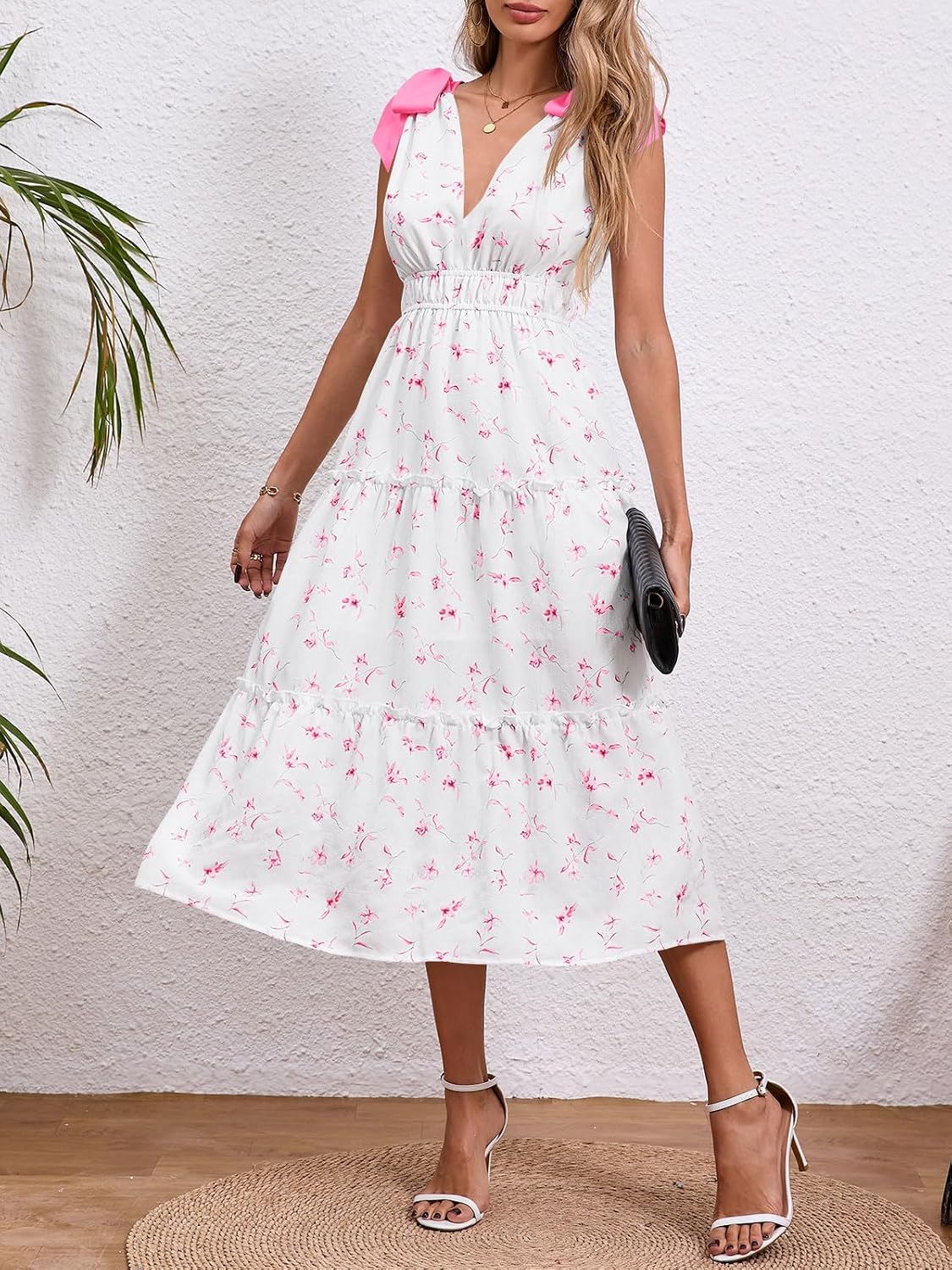 Wenrine Womens Summer Floral Maxi Dress Casual Self Tie Sleeveless V Neck Smocked Boho Tiered Beach Sundresses