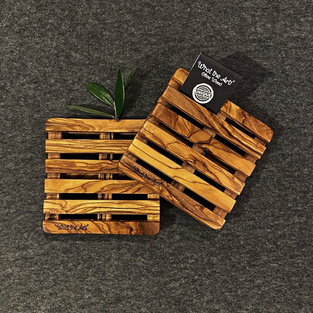 What the Art!® Olive Wood "Palette" Size S | Set of 2 Olive Wood Coasters + Gift | 10.5 x 10.5 x 2 cm | Glass Coasters - Coasters - Beer Mat