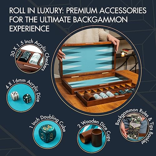 Miniatura 5 de Juego de backgammon grande de 20 pulgadas para adultos, tablero de backgammon verde, madera maciza. Bandeja de accesorios extraíble, juego de damas