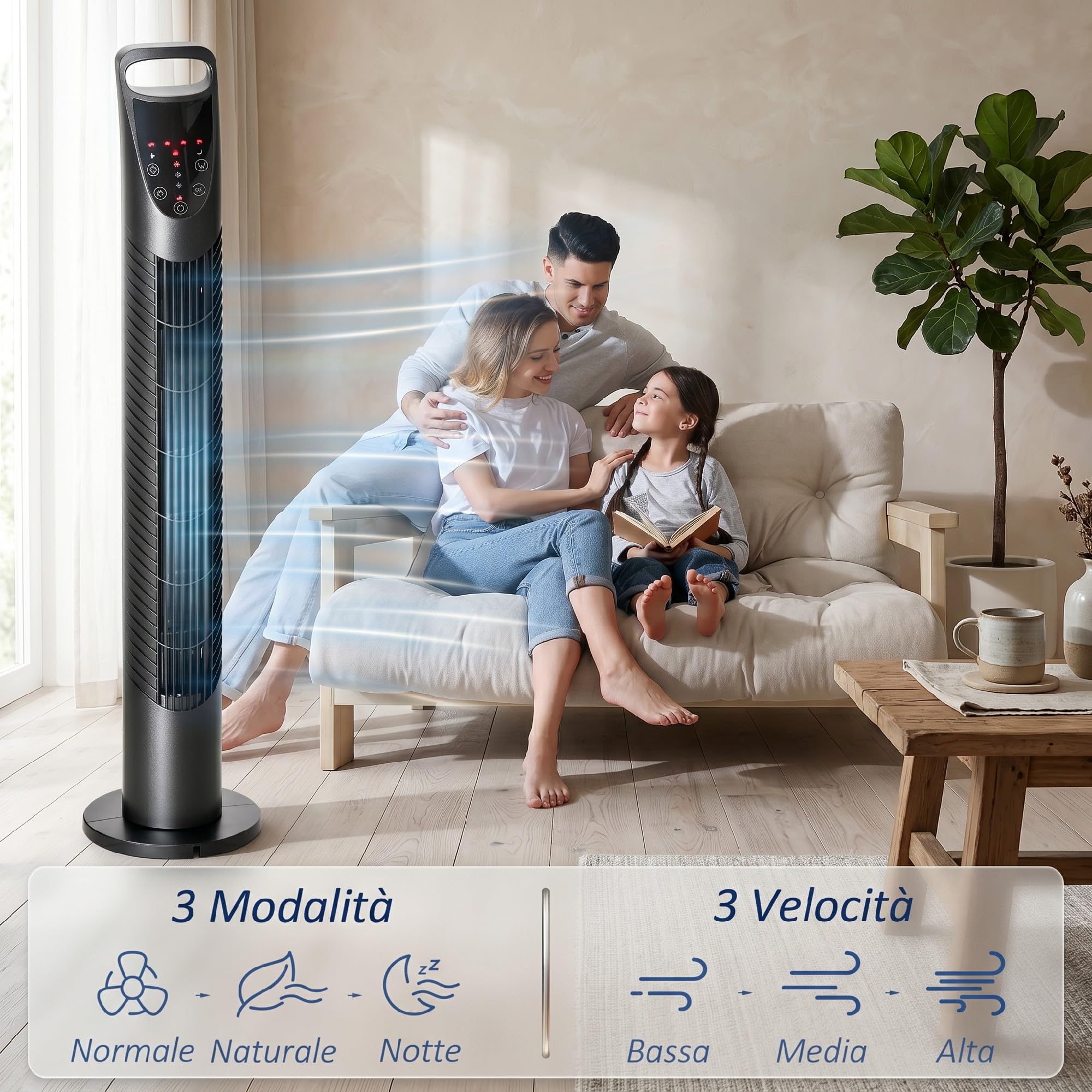 HOMCOM Ventilatore a Torre 40W con 3 Modalità e 3 Velocità, Ventilatore a Colonna Oscillante 70°, Timer 7.5h, con Telecomando fino a 5m, Ф18x78.5cm, Nero
