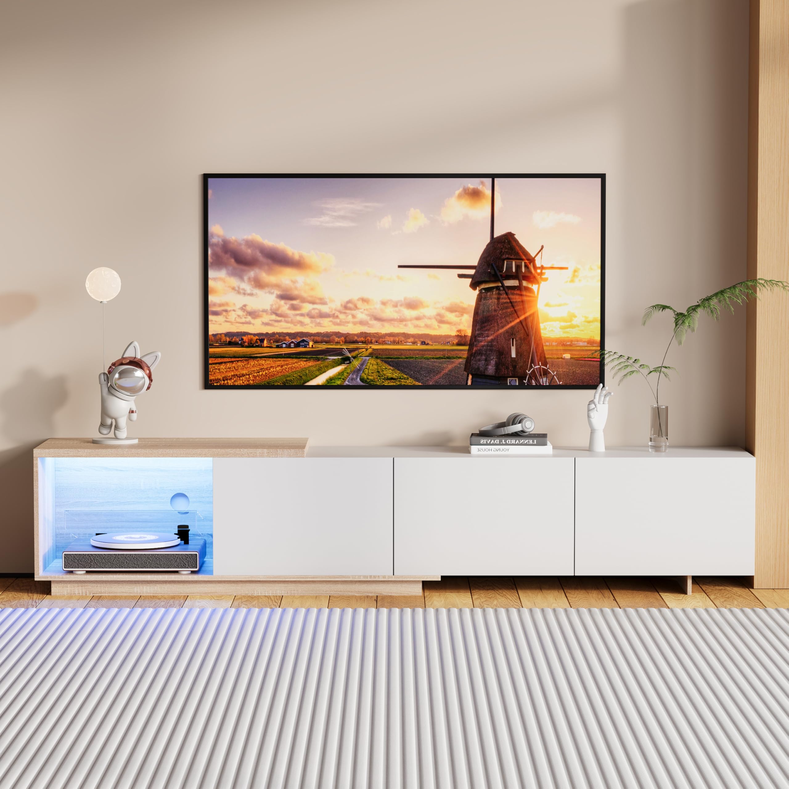 Mobile Porta TV con Luci LED per Televisori fino a 85 Pollici, Moderno Mobile TV Lucido con 3 Cassetti e Ripiani Aperti per Soggiorno Camera da Letto (Bianco+led)